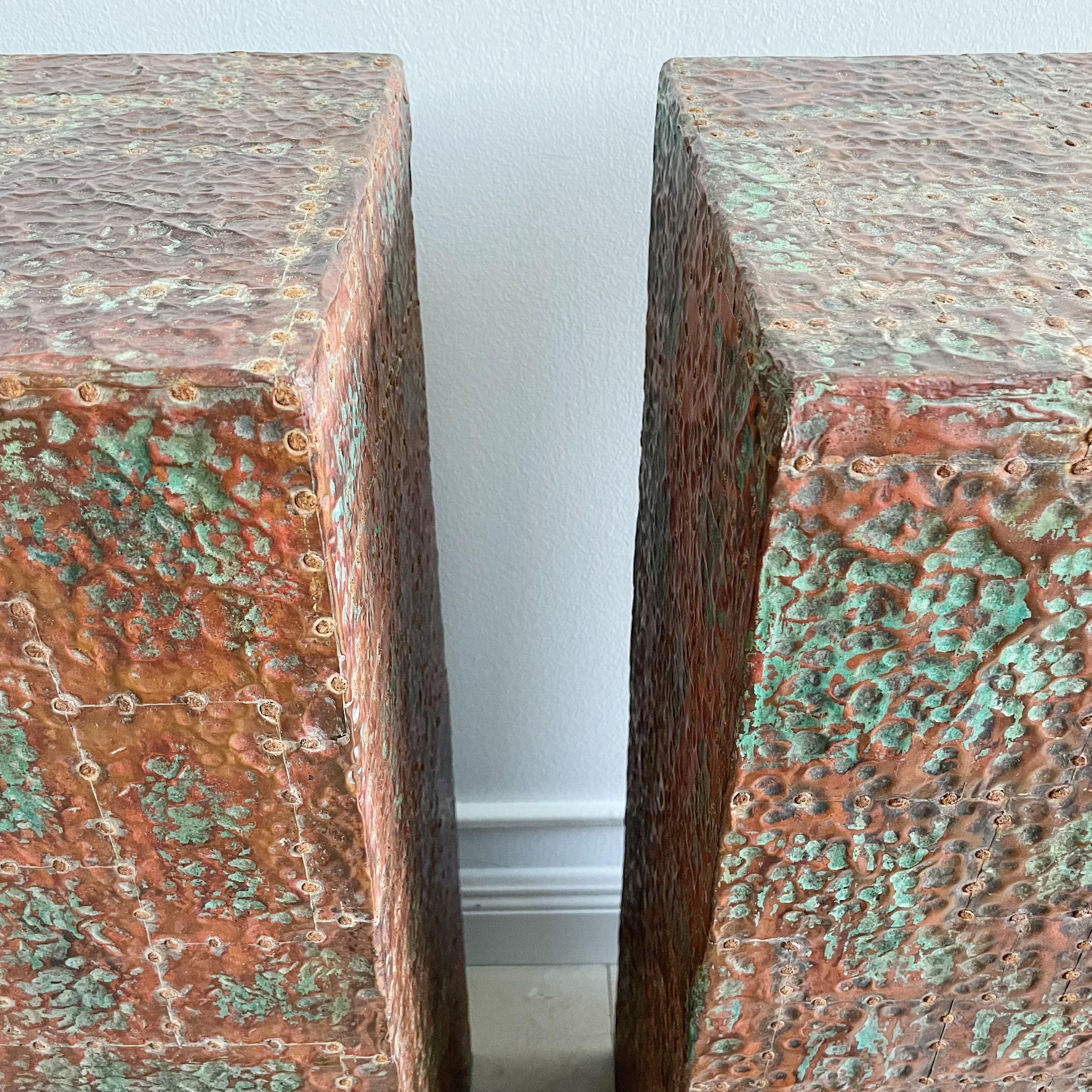 Pair of Bespoke Brutalist Distressed Copper Clad Patchwork Pedestals In New Condition In West Palm Beach, FL