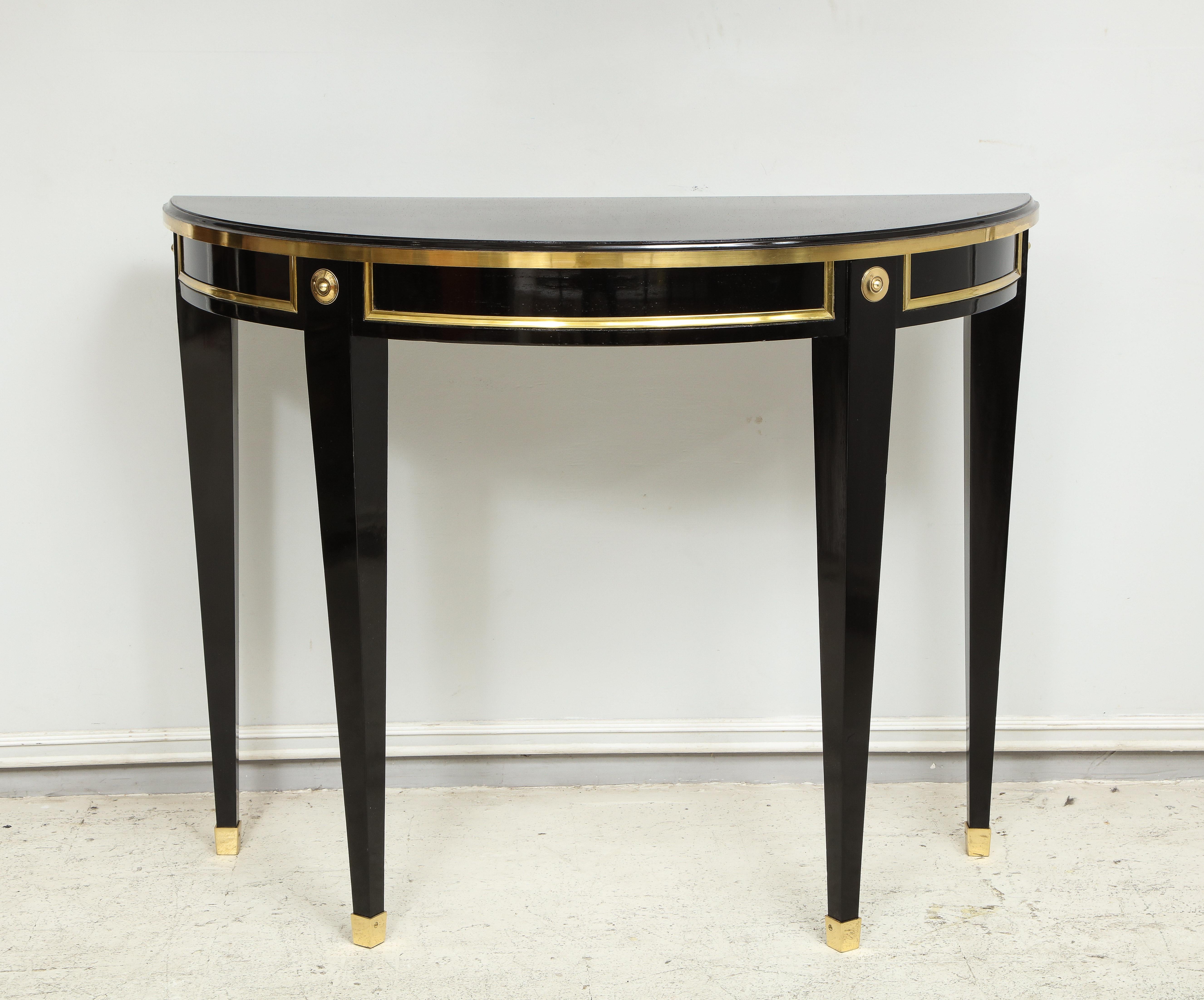 Neoclassical Pair of Bespoke Consoles in the Neoclassic Style with Brass Banding For Sale