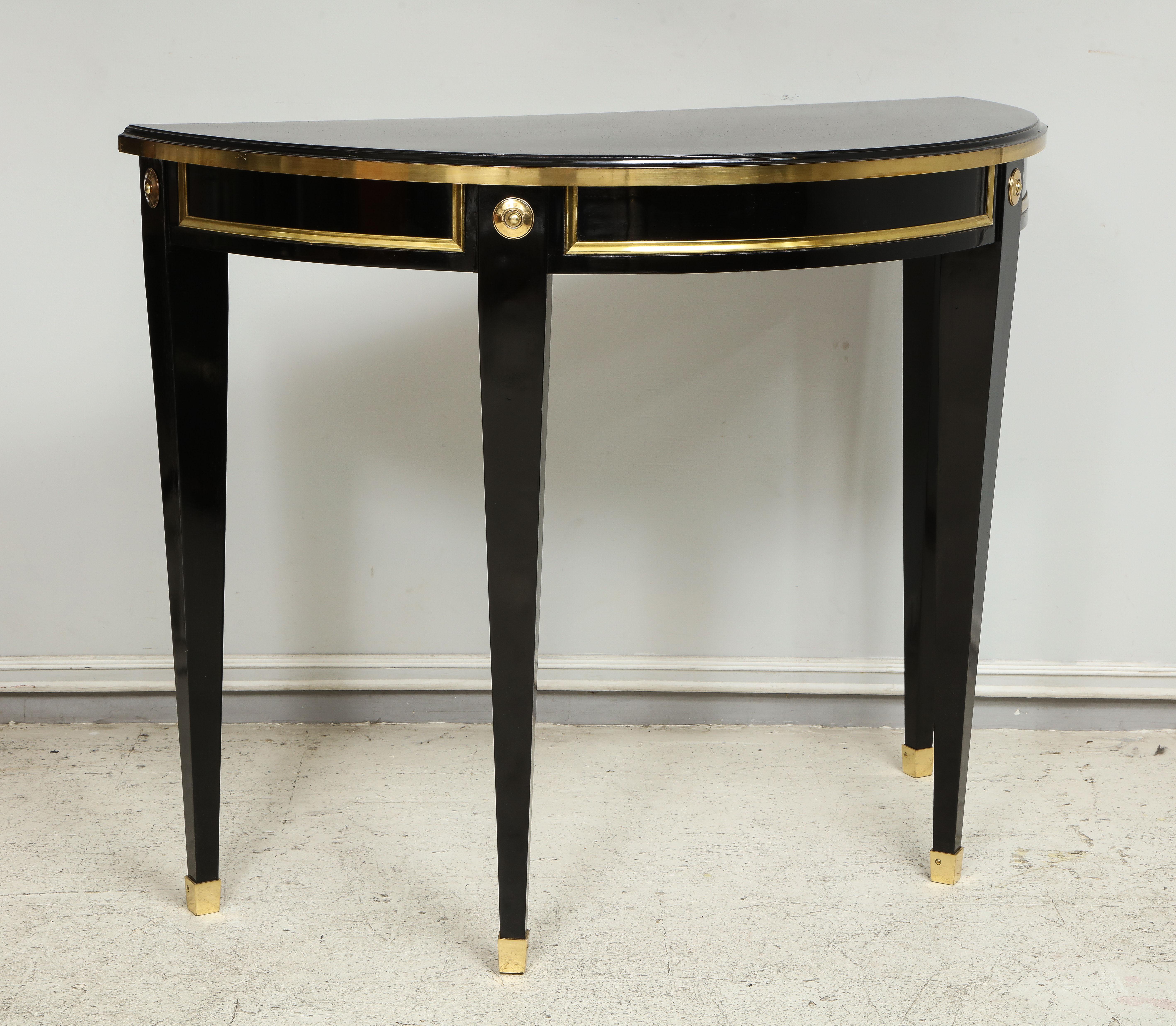 Ebonized Pair of Bespoke Consoles in the Neoclassic Style with Brass Banding For Sale