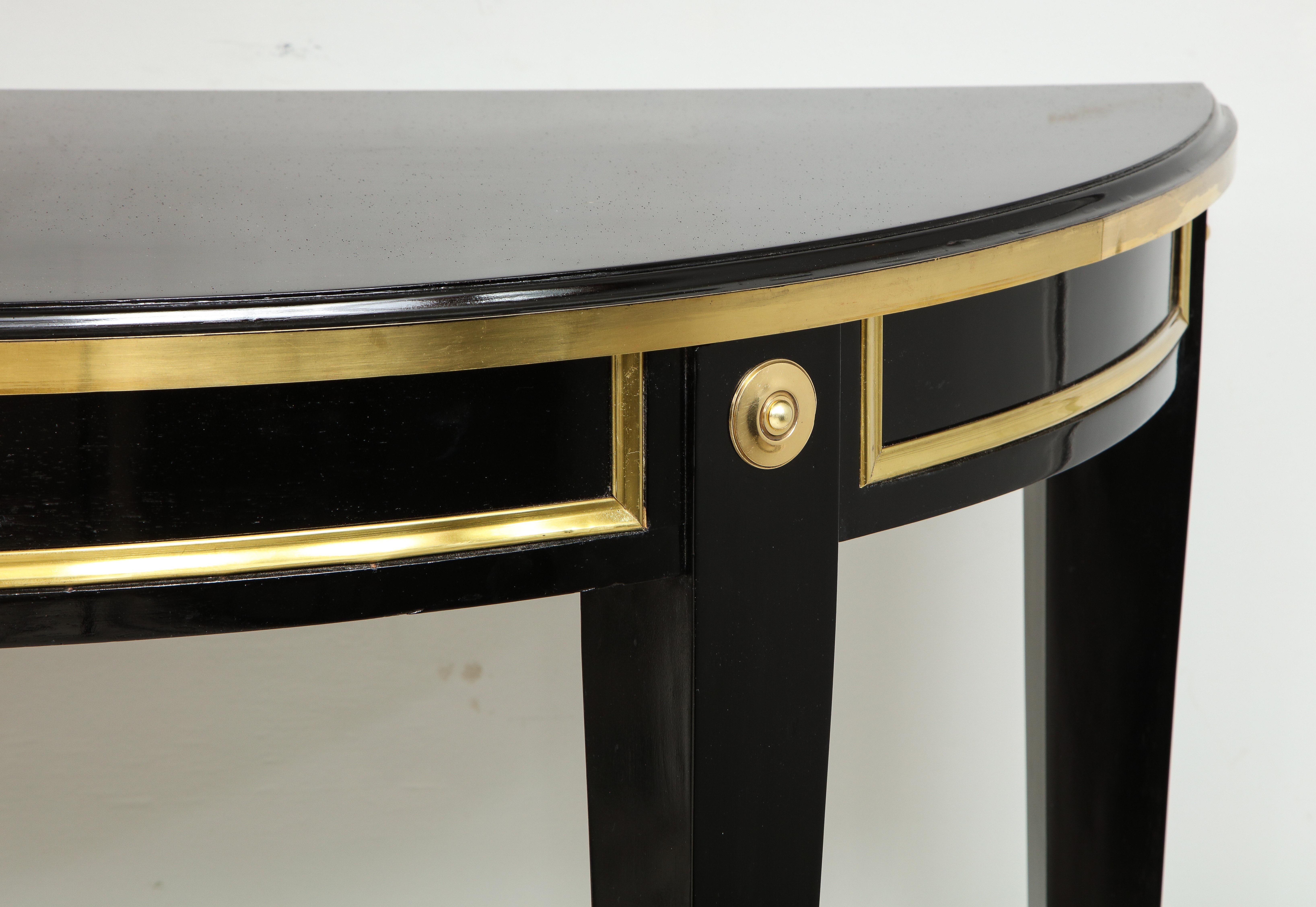 Contemporary Pair of Bespoke Consoles in the Neoclassic Style with Brass Banding For Sale