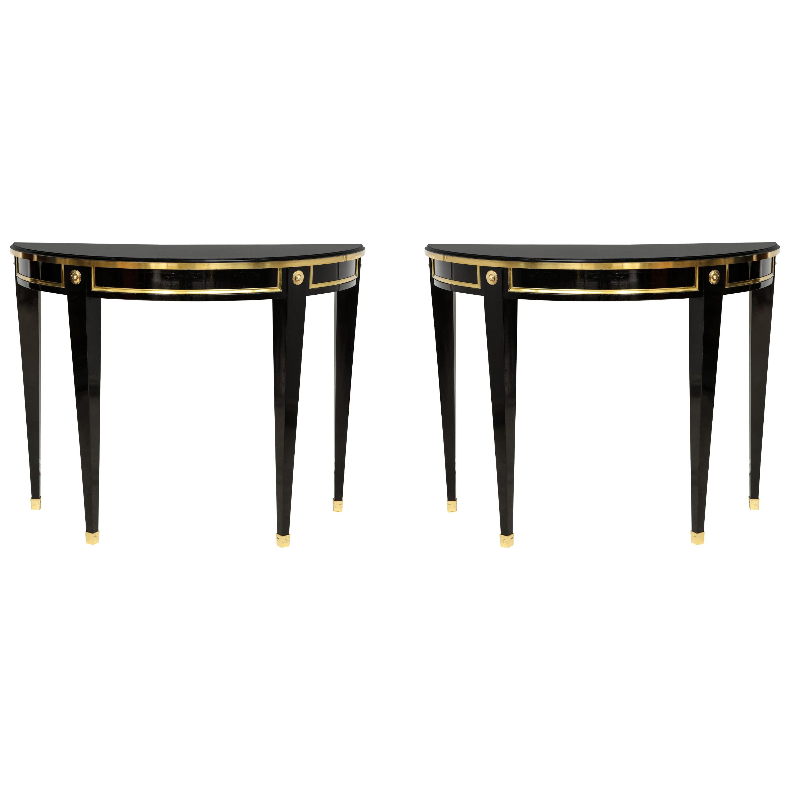 Pair of Bespoke Consoles in the Neoclassic Style with Brass Banding For Sale
