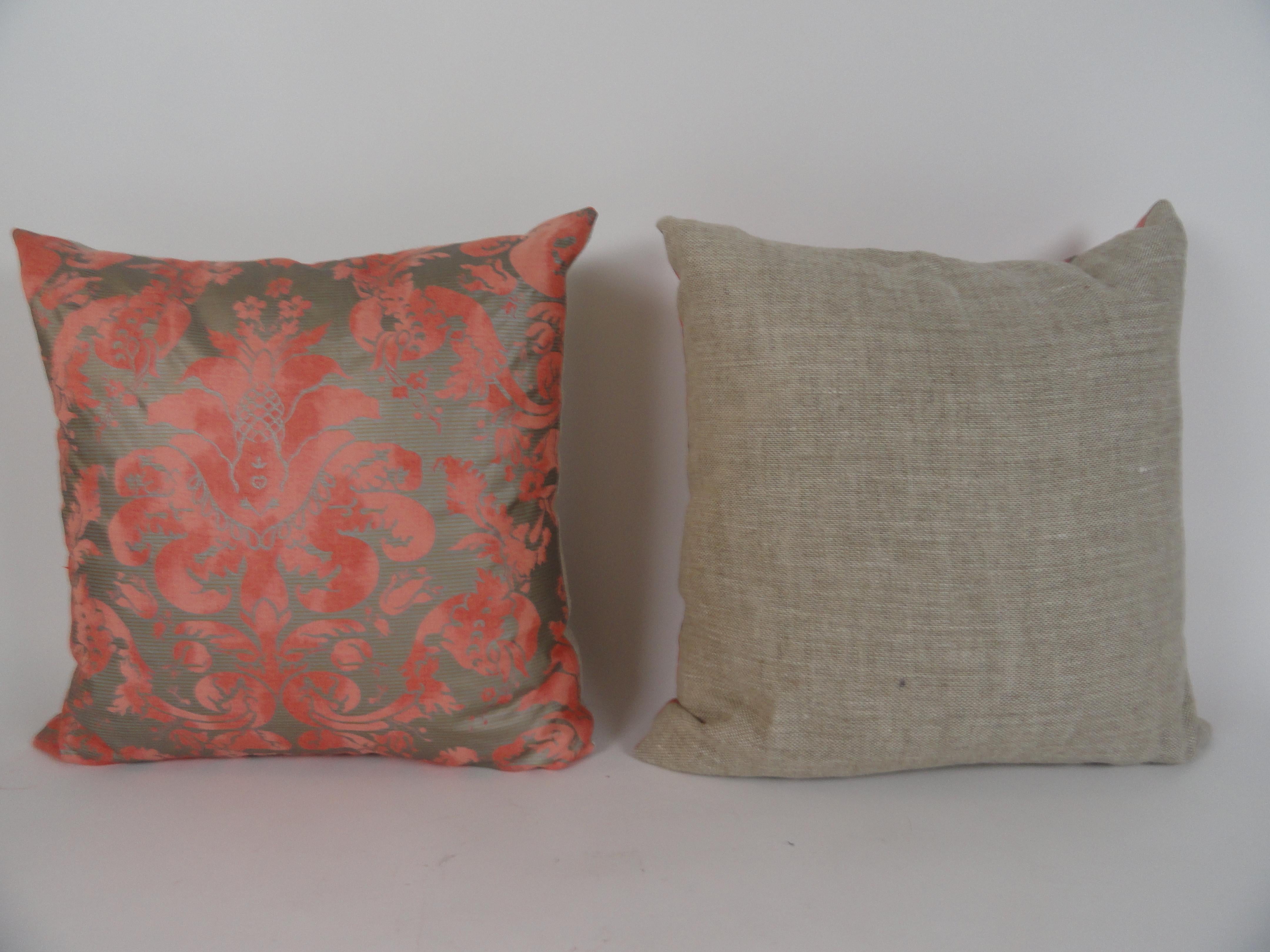Pair of Italian cotton pillow in a Fortuny style pattern. Backed in a Scalamandre linen. 24