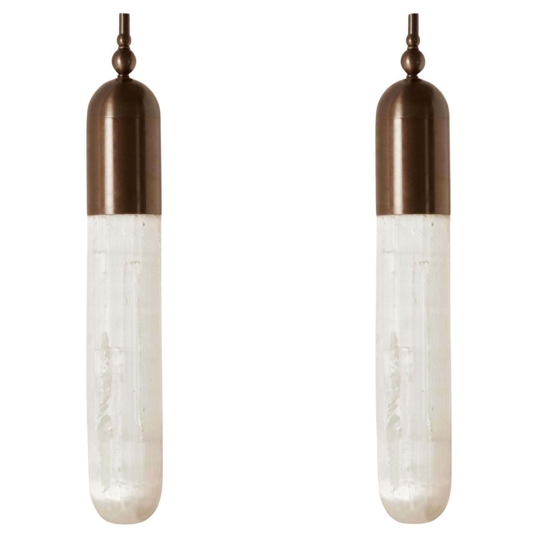 Pair of Bespoke Elegant Italian "Selene Maxi" Pendant in bronze and selenite For Sale