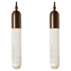 Pair of Bespoke Elegant Italian "Selene Maxi" Pendant in bronze and selenite