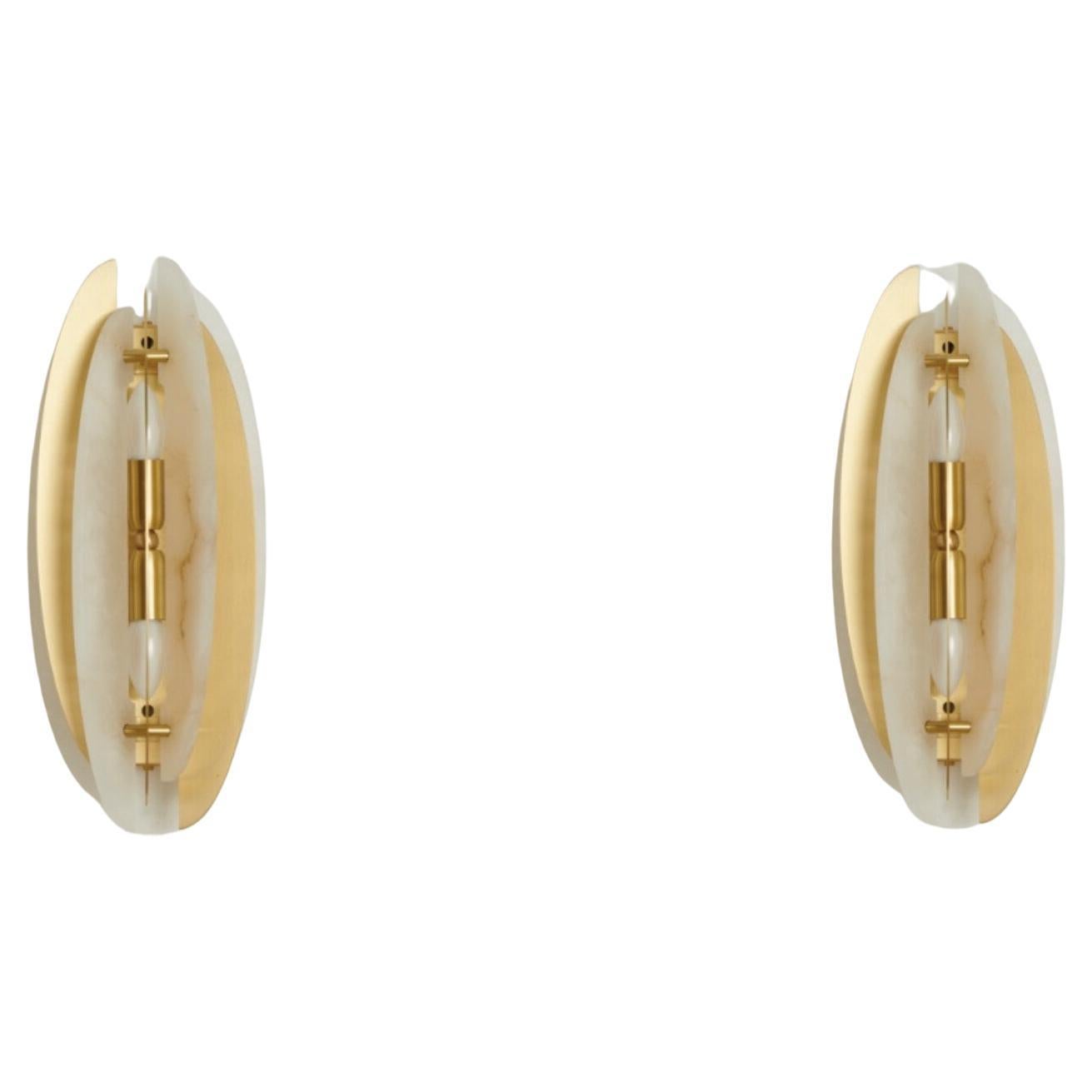 Pair of Bespoke Italian wall sconce "Helios", in satin brass and alabaster
