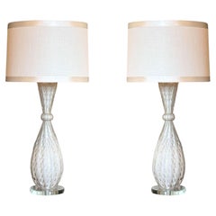 Pair of Bespoke Murano Lattimo, Gold Inclusion and Controlled Bubble Glass Lamps