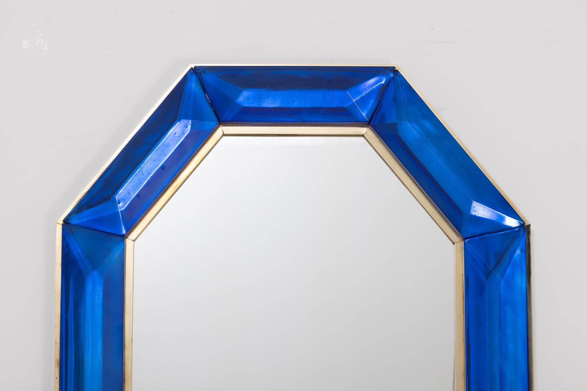 Pair of Bespoke Octagon Cobalt Blue Murano Glass Mirror, in Stock For Sale 3