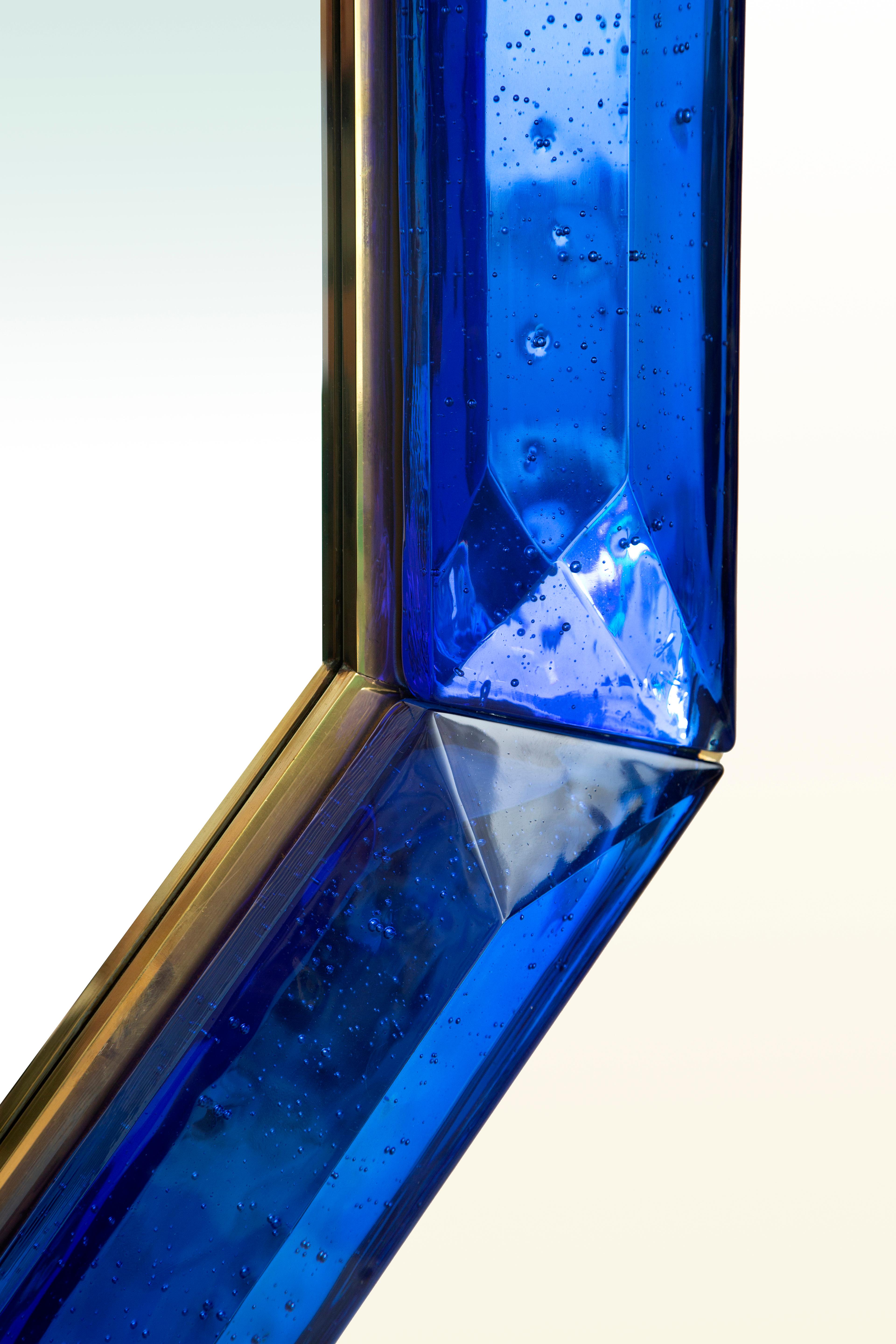 Italian Pair of Bespoke Octagon Cobalt Blue Murano Glass Mirror, in Stock For Sale