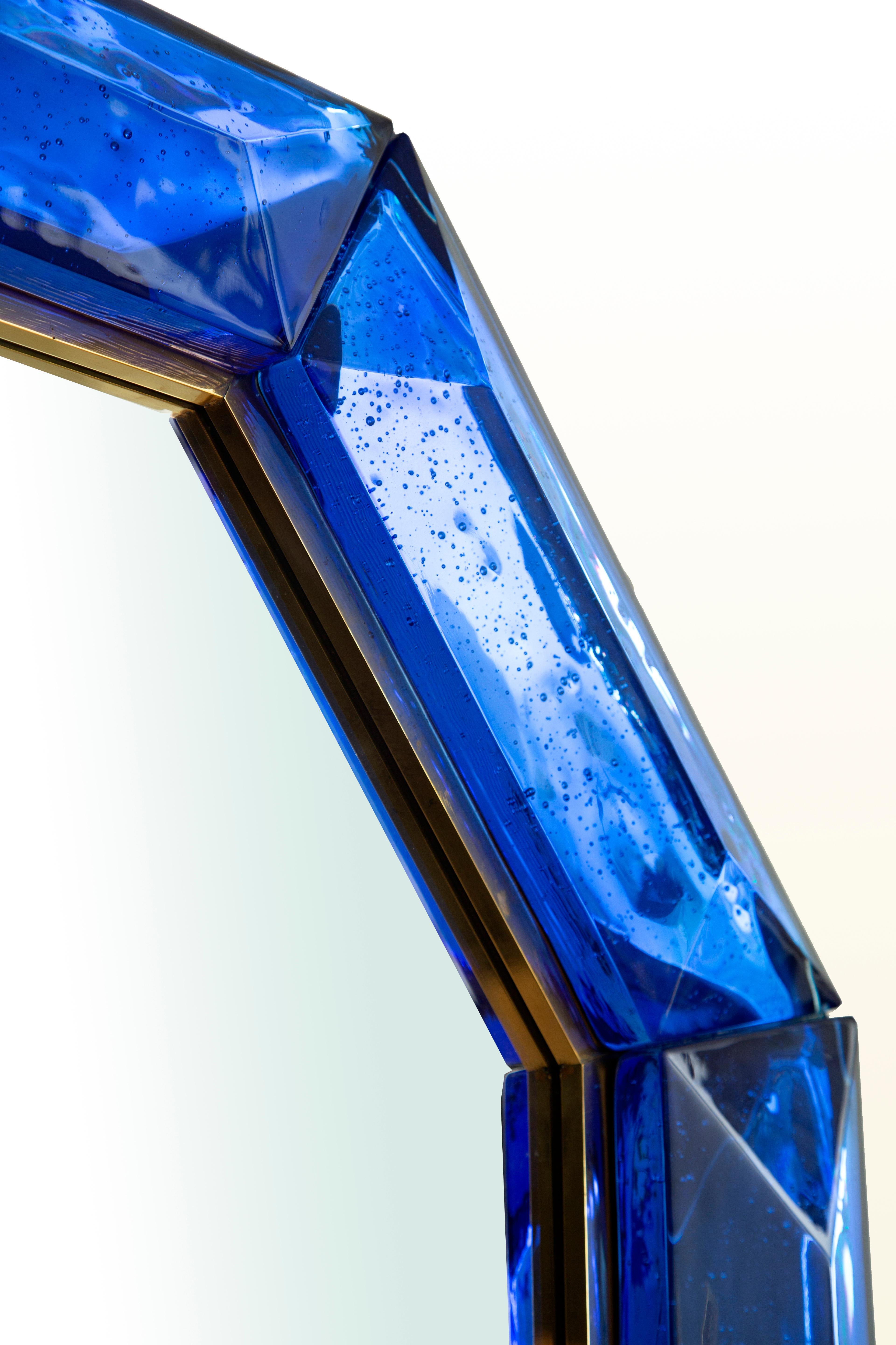 Contemporary Pair of Bespoke Octagon Cobalt Blue Murano Glass Mirror, in Stock For Sale