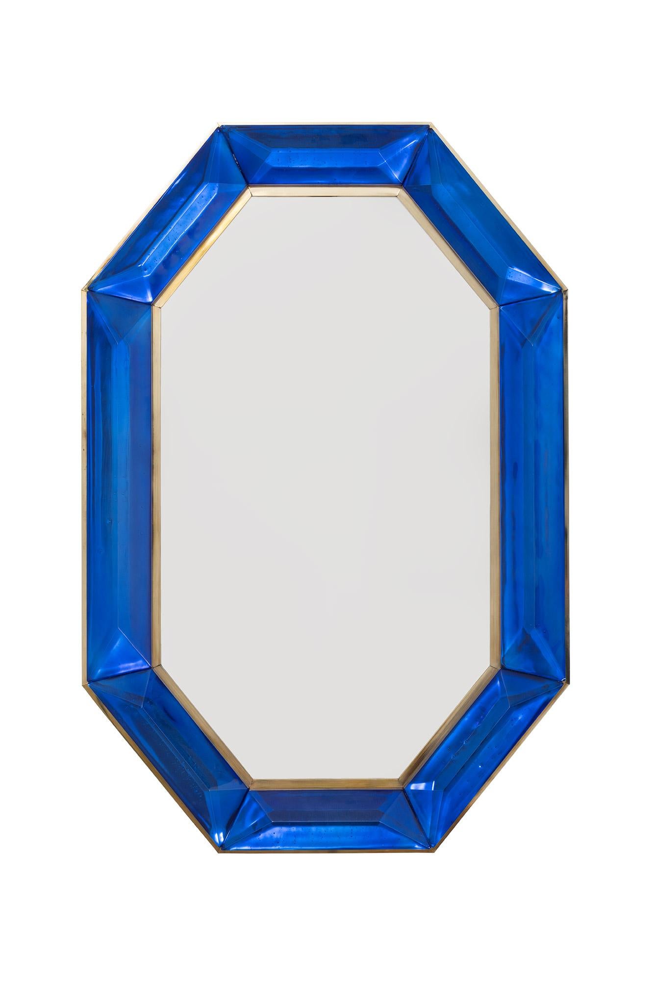 Pair of Bespoke Octagon Cobalt Blue Murano Glass Mirror, in Stock For Sale 1