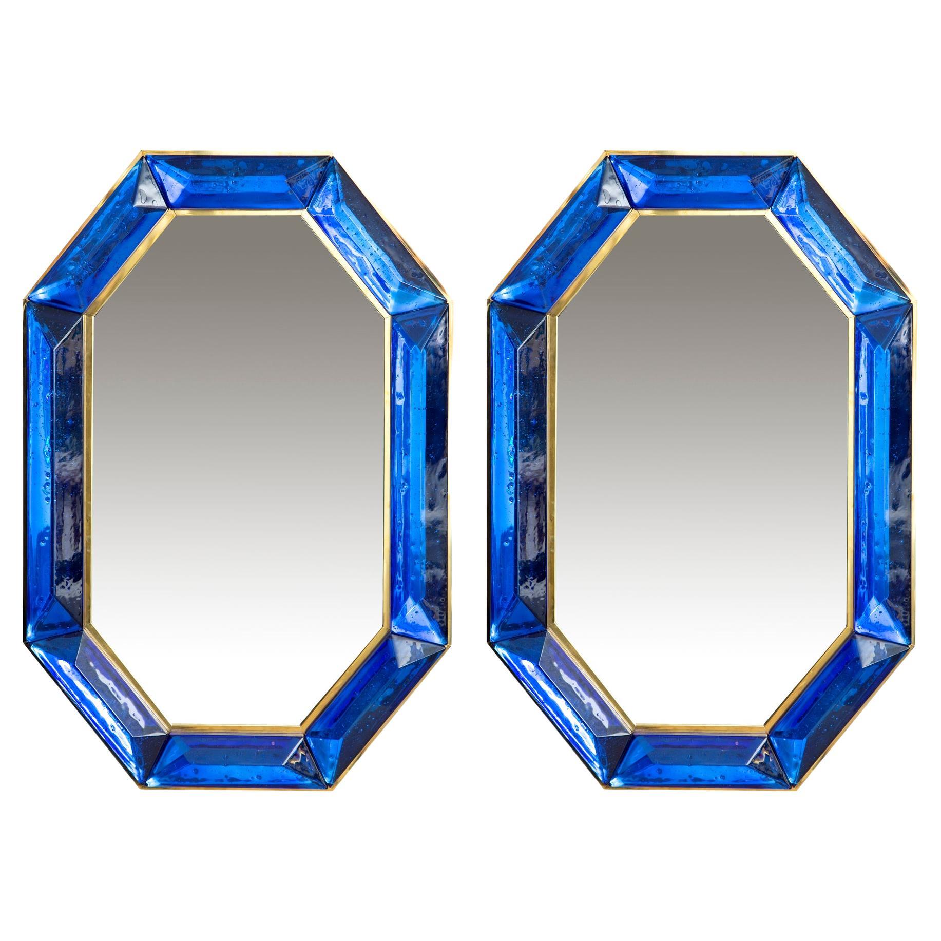 Pair of Bespoke Octagon Cobalt Blue Murano Glass Mirror, in Stock For Sale