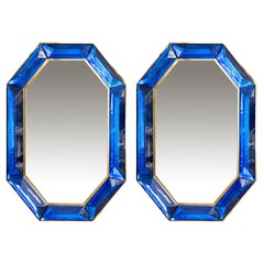 Coppia di specchi ottagonali su misura in vetro di Murano blu cobalto, in stock