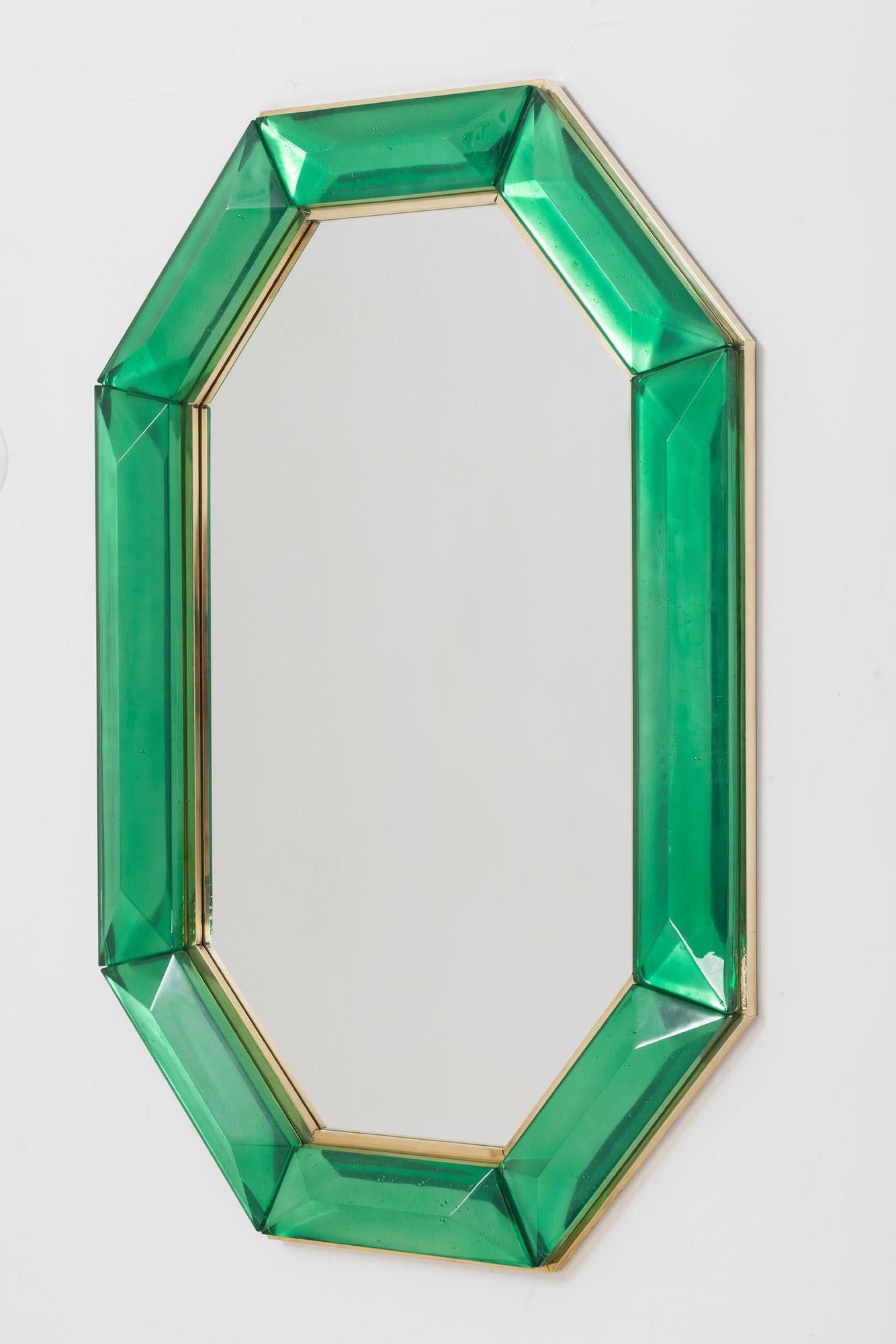 Mid-Century Modern Pair of Bespoke Octagon Emerald Green Murano Glass Mirrors, in Stock For Sale