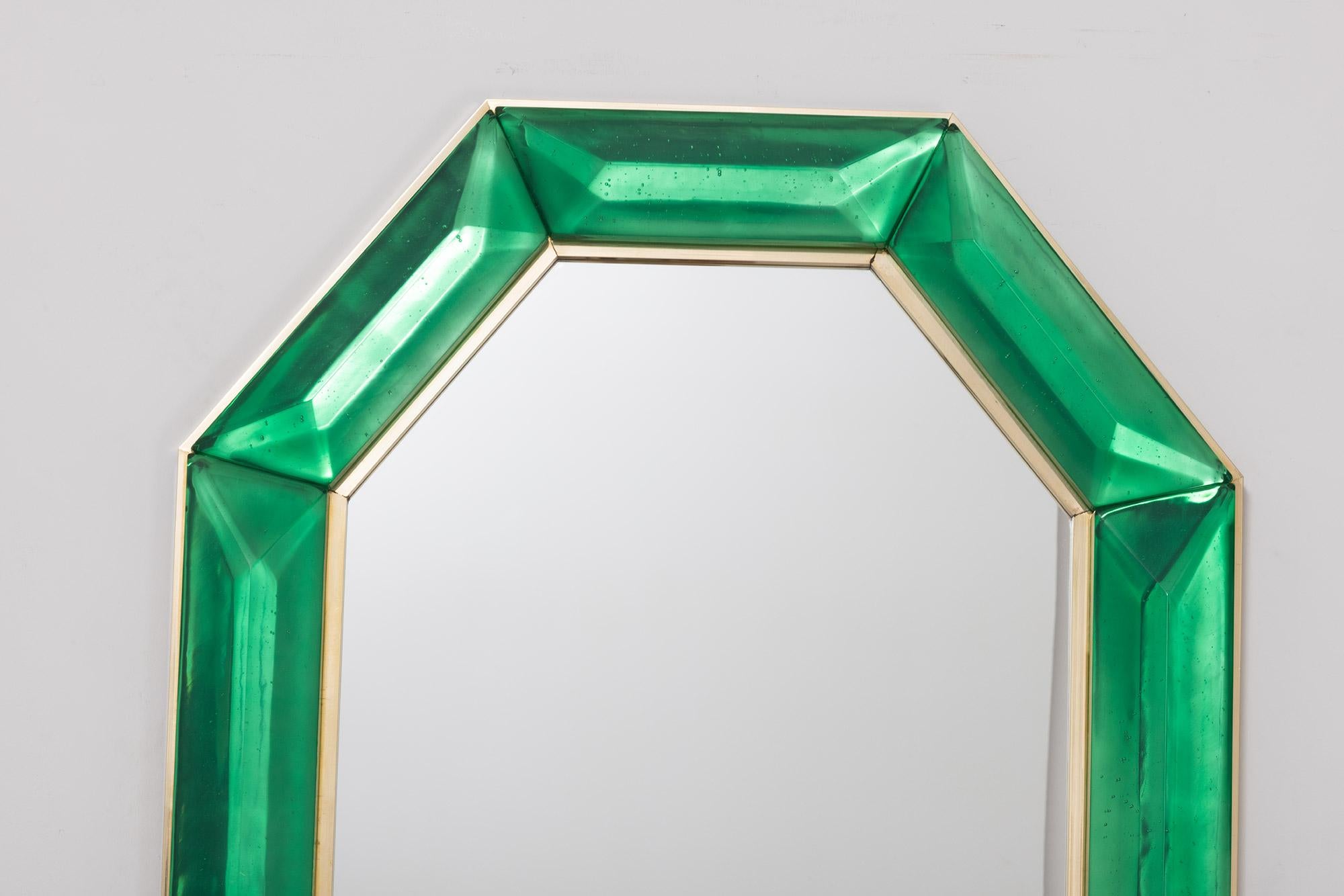 Italian Pair of Bespoke Octagon Emerald Green Murano Glass Mirrors, in Stock For Sale