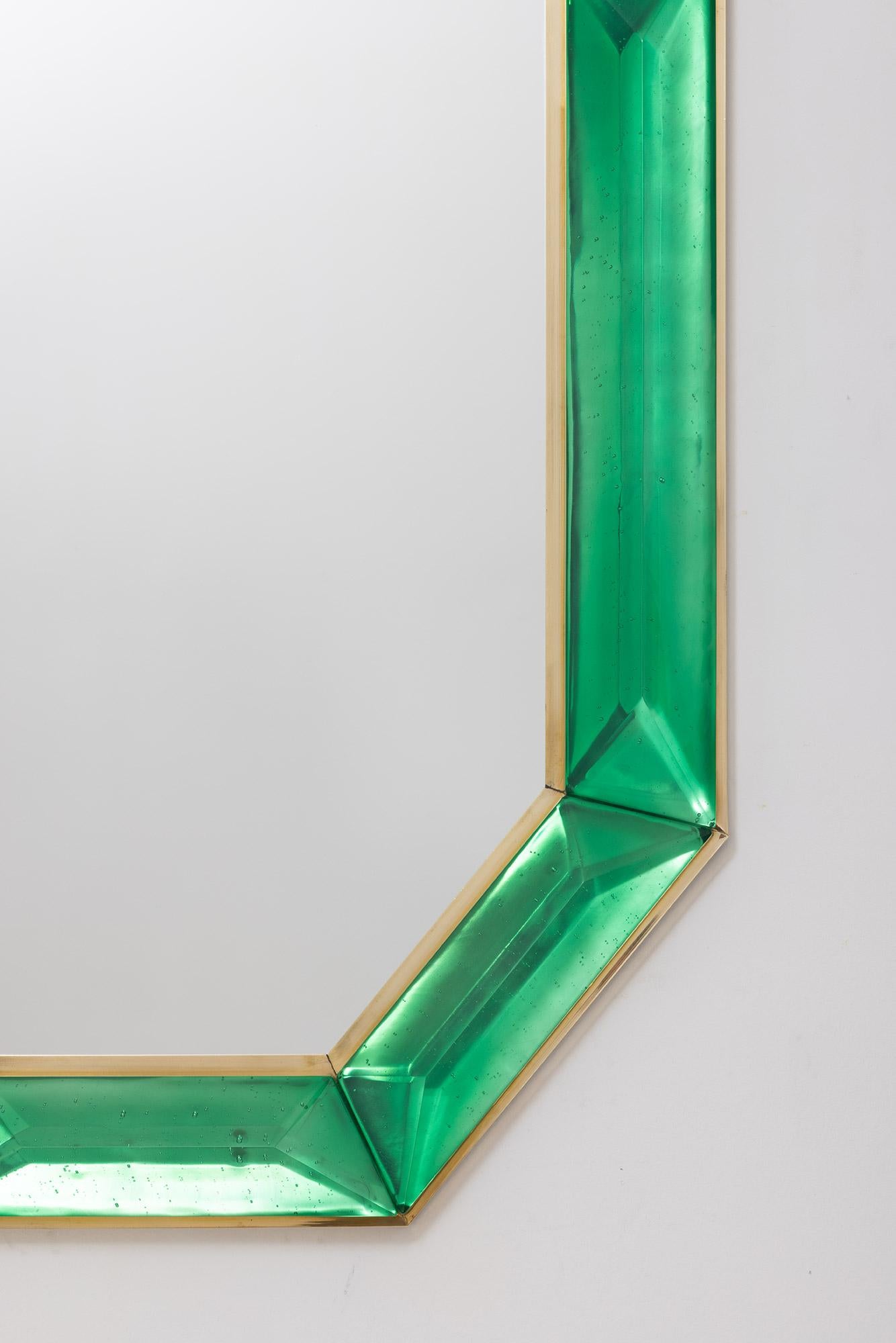 Pair of Bespoke Octagon Emerald Green Murano Glass Mirrors, in Stock In New Condition For Sale In Miami, FL