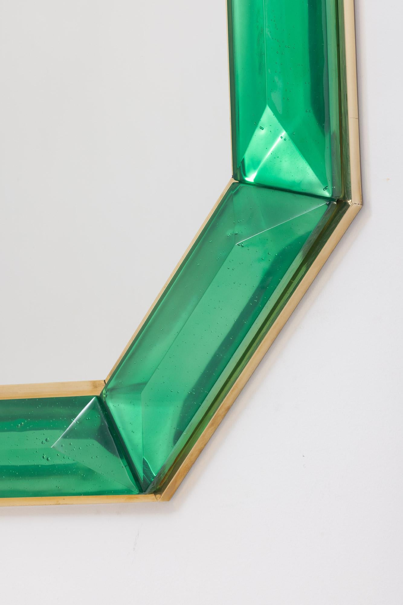 Contemporary Pair of Bespoke Octagon Emerald Green Murano Glass Mirrors, in Stock For Sale