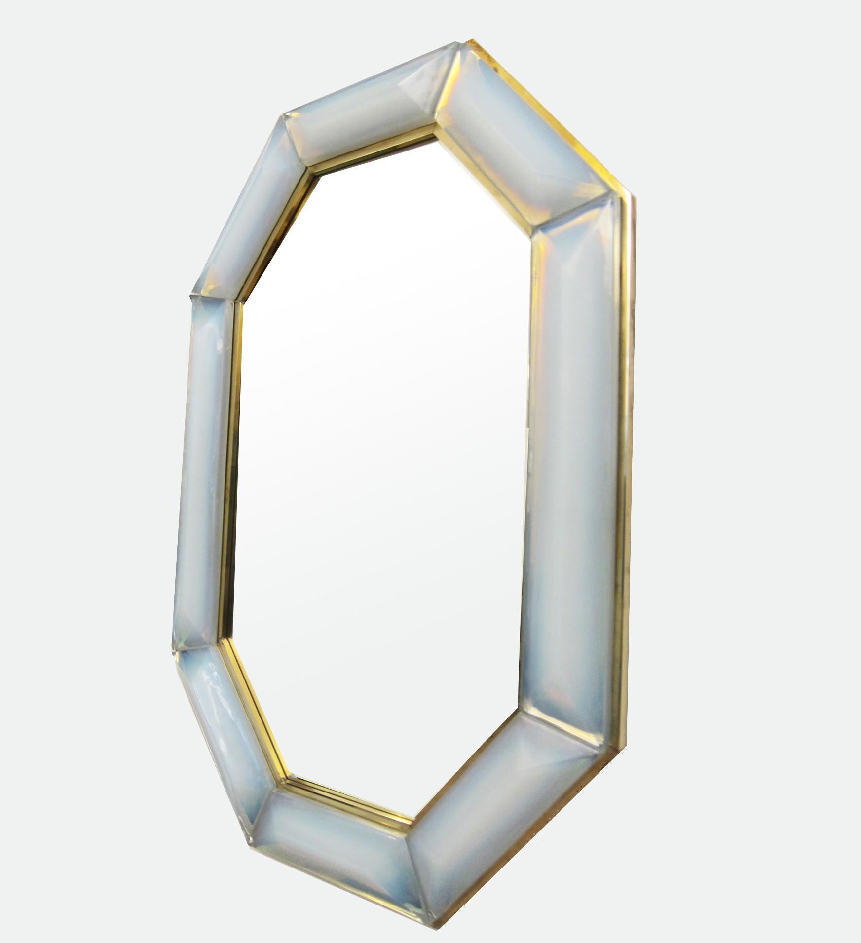 Brass Pair of Bespoke Octagon Iridescent Opaline Murano Glass Mirrors, in Stock For Sale