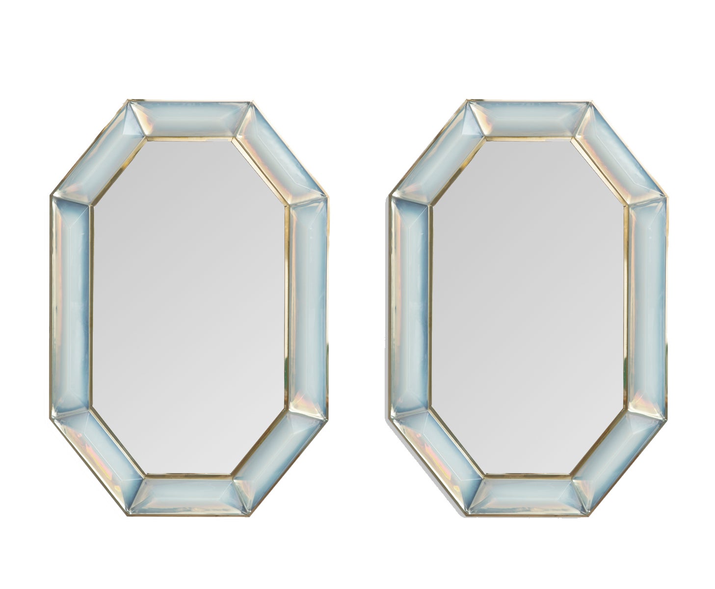 Pair of Bespoke Octagon Iridescent Opaline Murano Glass Mirrors, in Stock For Sale