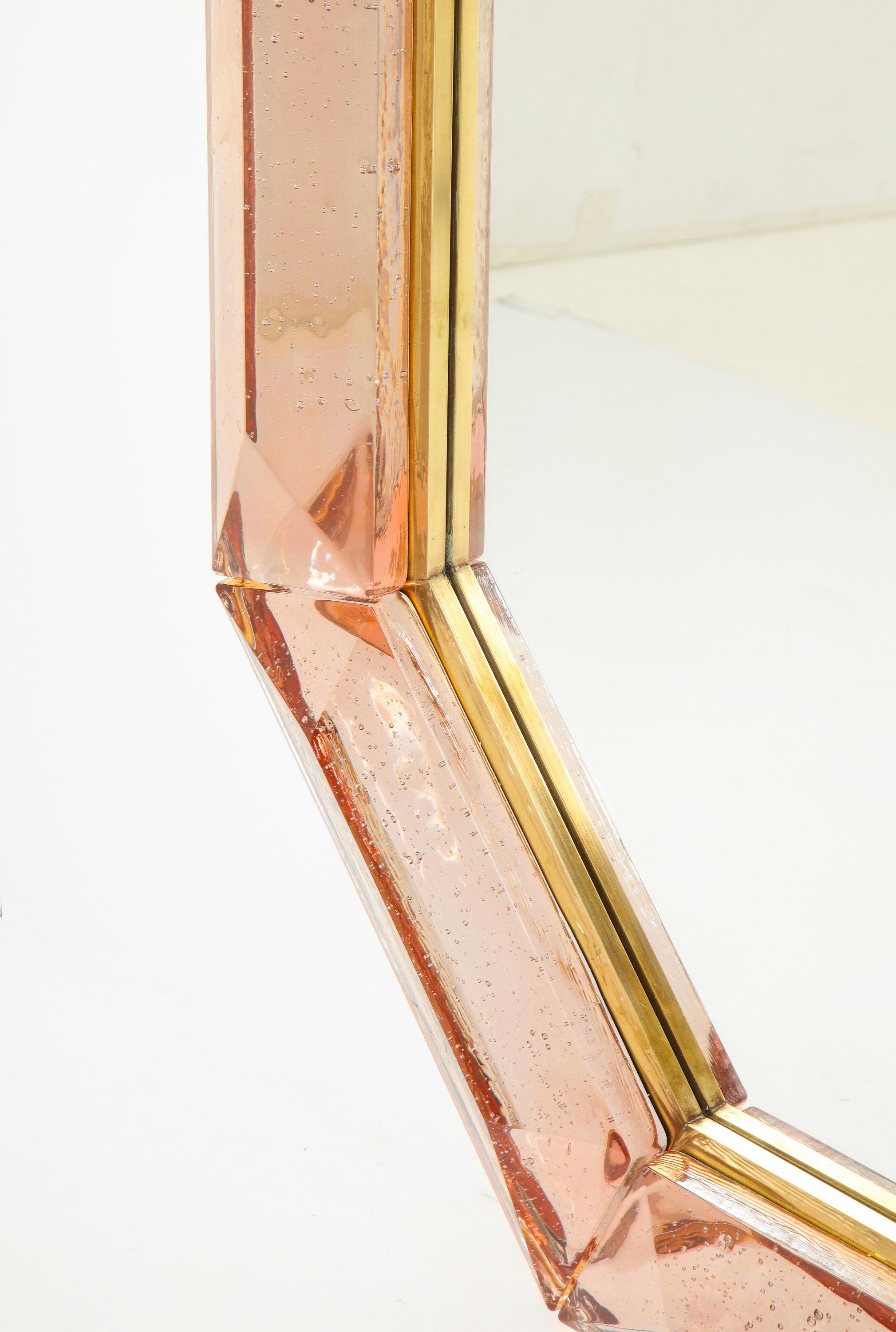 Brass Pair of Bespoke Octagon Pink Murano Glass Mirrors, in Stock