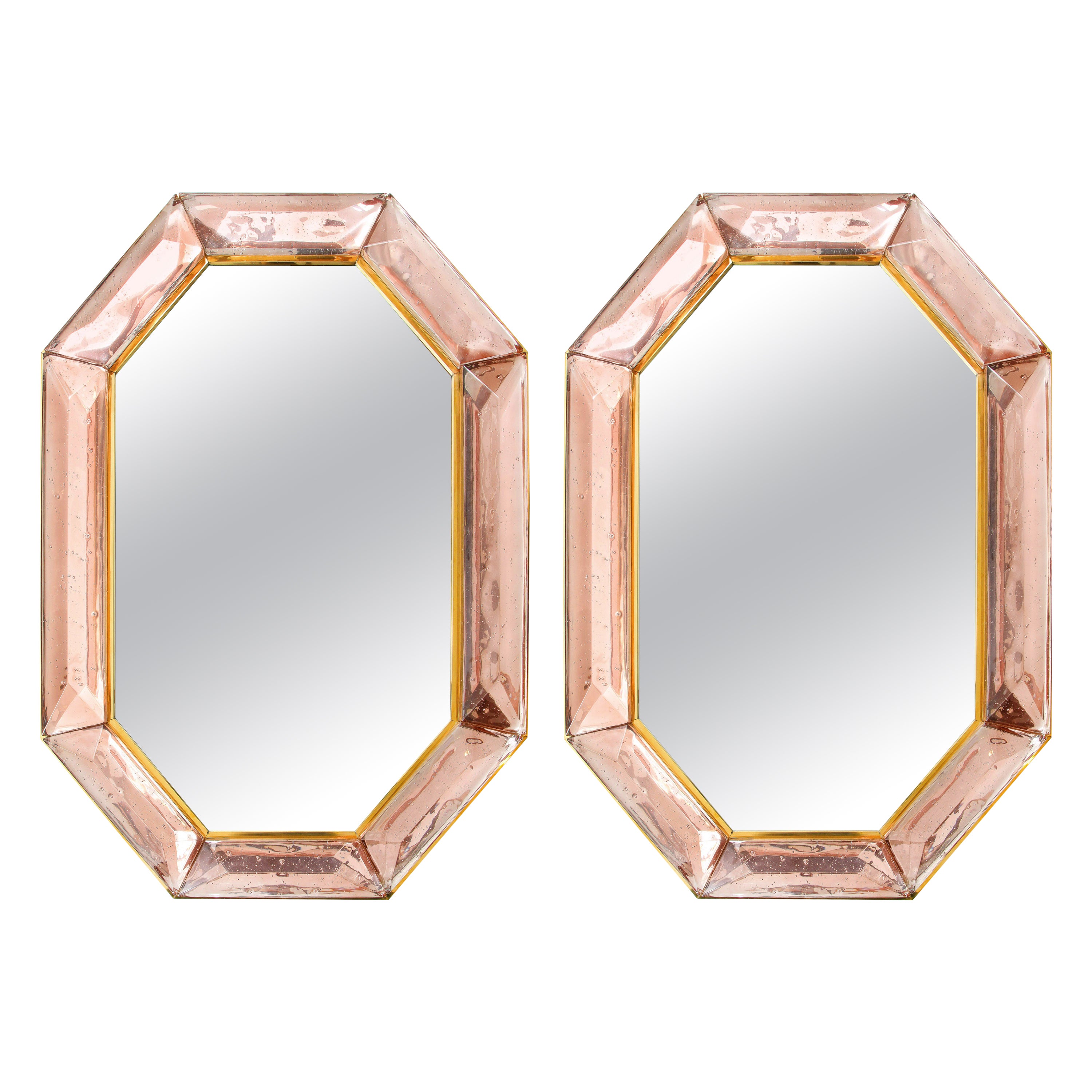 Paire de miroirs octogonaux en verre de Murano rose sur mesure, en stock