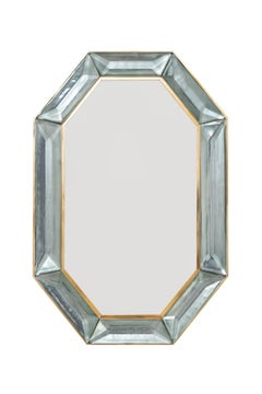 Pair of Aqua Green Octagonal Faceted Murano Glass and Brass Wall Mirrors, Italy