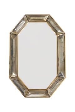 Pair of Smoked Bronze Octagonal Faceted Murano Glass & Brass Wall Mirrors, Italy