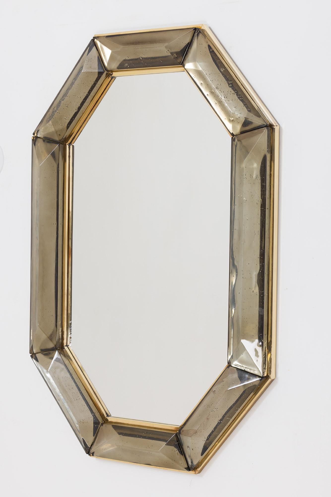 Mid-Century Modern Pair of Bespoke Octagon Smoked Murano Glass Mirror, in Stock For Sale