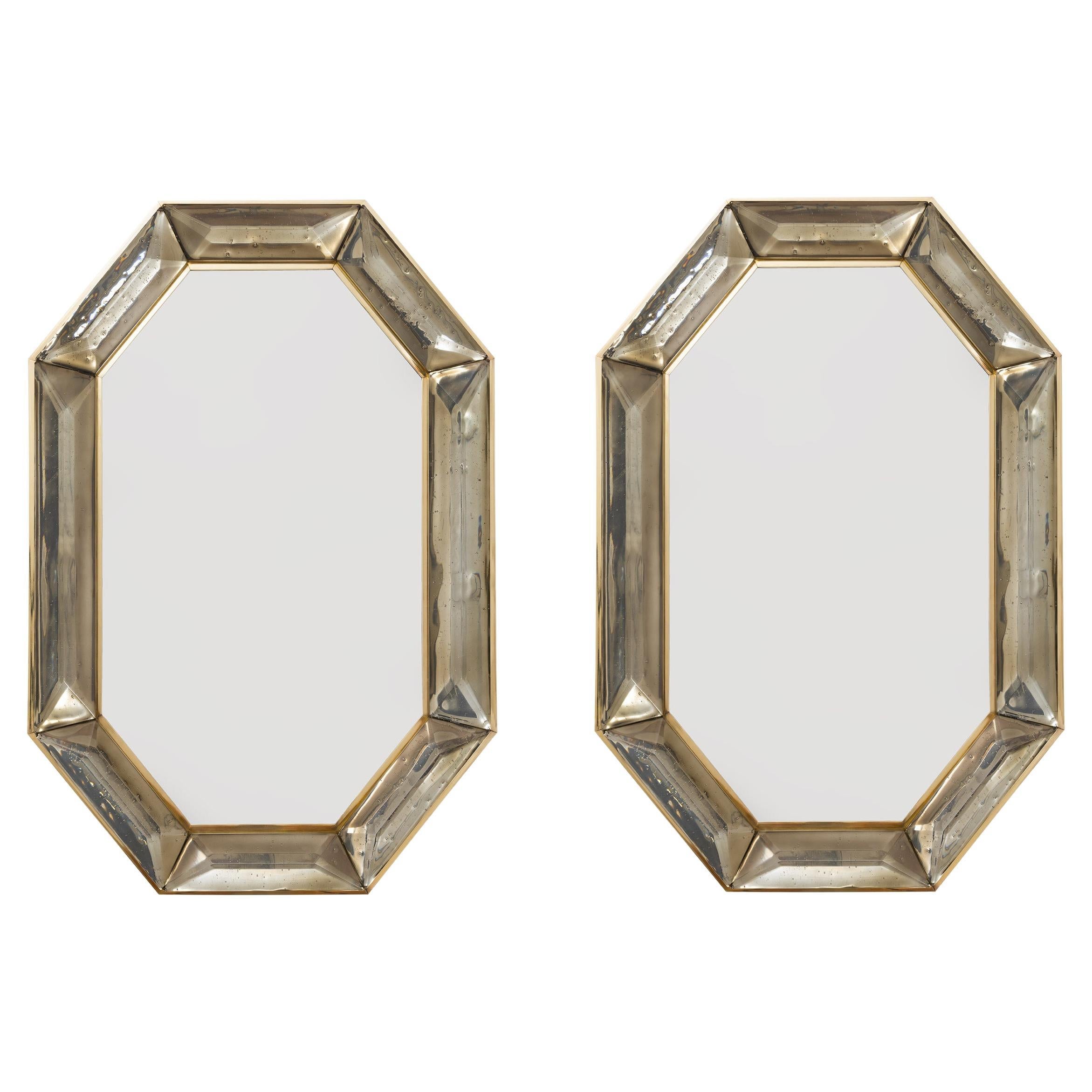 Pair of Bespoke Octagon Smoked Murano Glass Mirror, in Stock For Sale