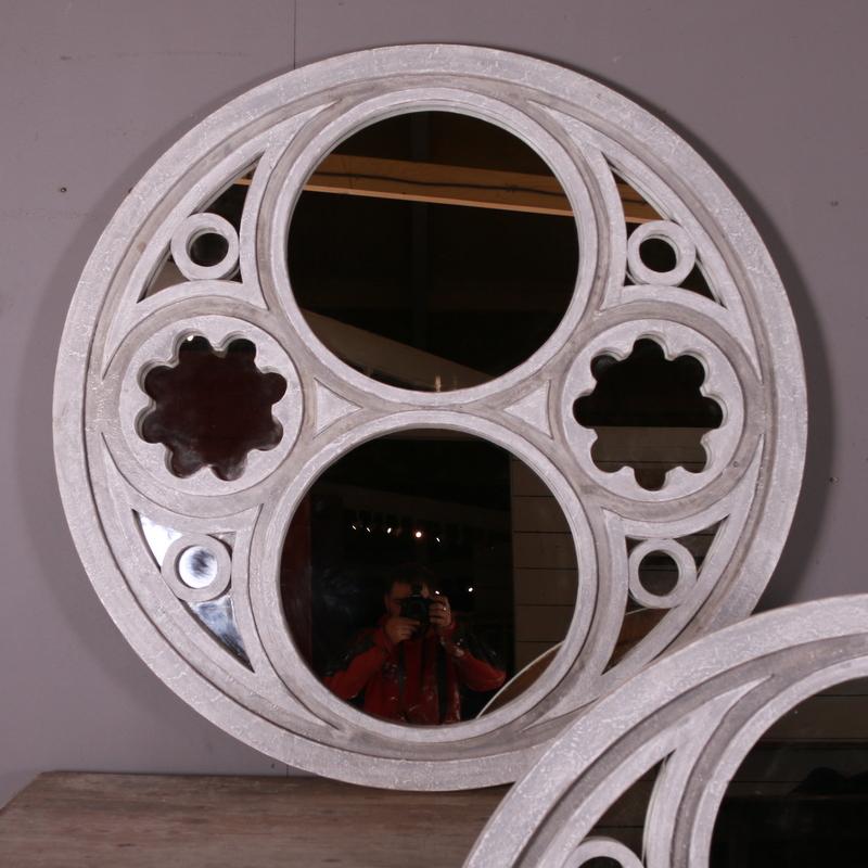 Pair of 21st century Bespoke painted wall mirrors.

Reference: 7280

Dimensions
2 inches (5 cms) deep
52 inches (132 cms) diameter.