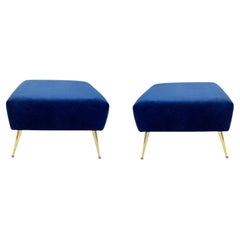 Pair of Bespoke Stools in Navy Blue Velvet with Solid Brass Ball Point Legs
