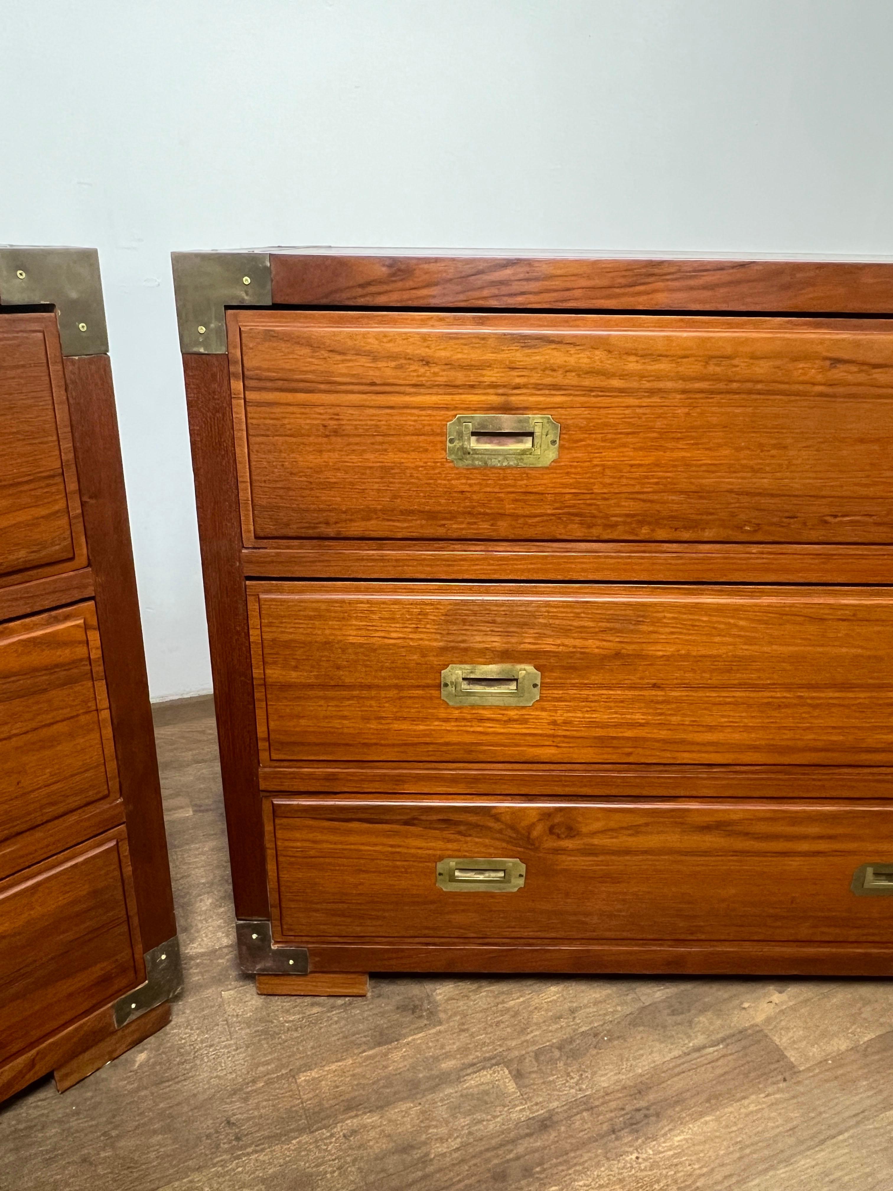 Brass Pair of Bespoke Teak Campaign Style Chests Circa 1950s