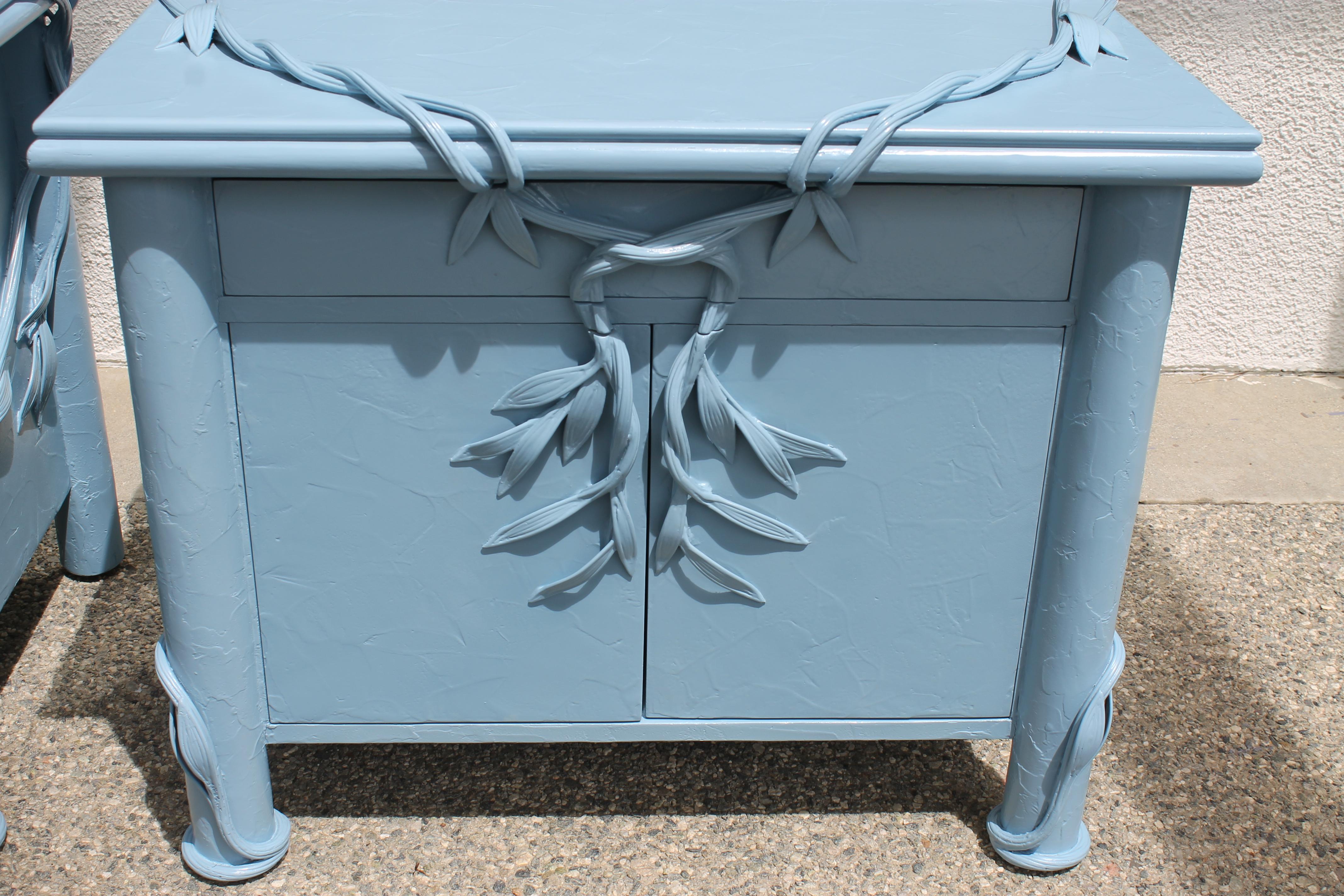 Pair of nightstands designed by Betty Cobonpue for Scultura, Philippines, 1980s. We've updated these nightstands by painting them a rich light blue. Nightstands measure: 30.5” wide, 21” deep and 24.5” high. Notice the wavy pattern throughout the
