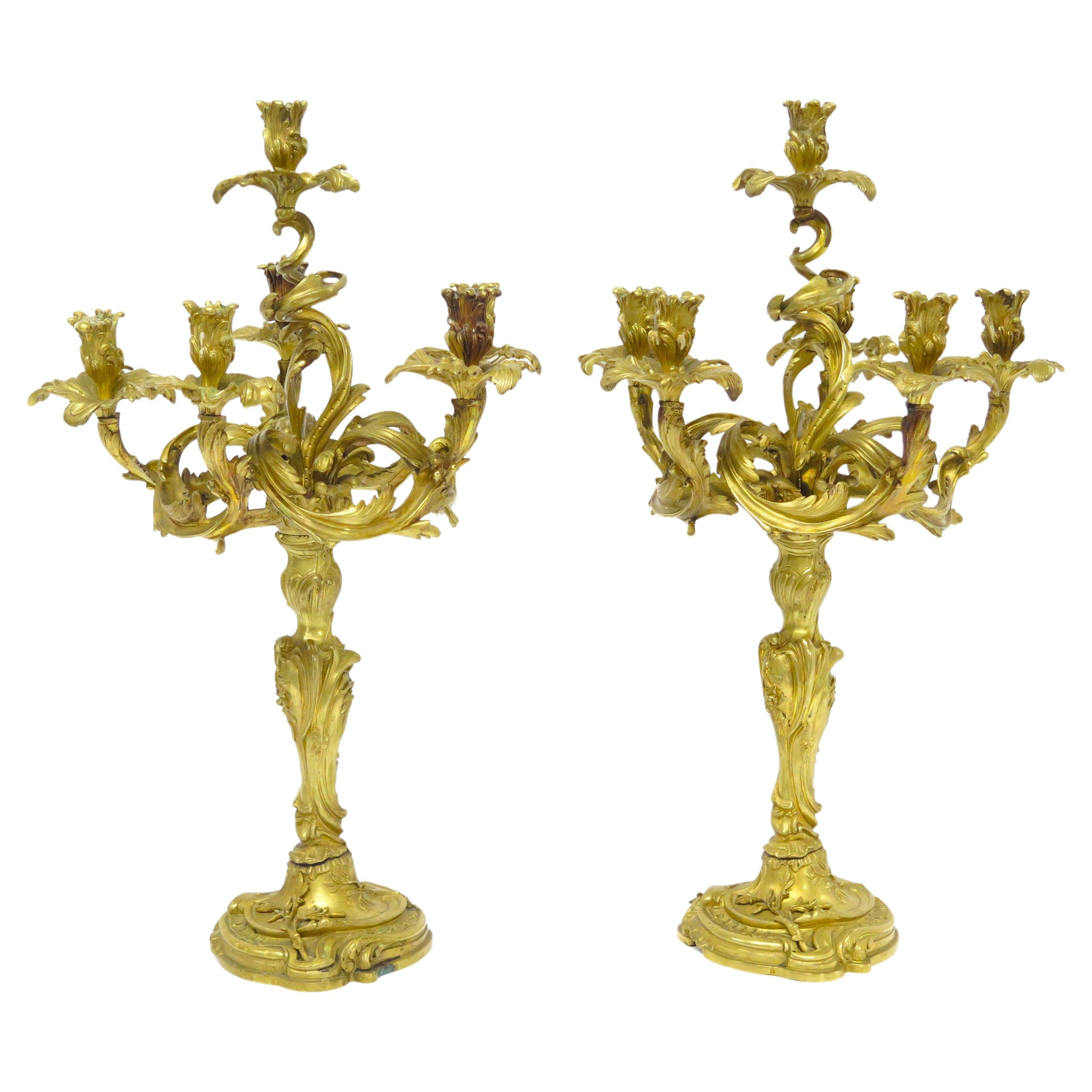 Pair of Beurdeley Louis XV-Style Gilt Bronze Six-Light Candelabra