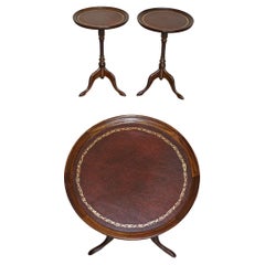 Pair of Bevan Funell Brown Leather Vintage Mahogany Tripod Lamp Side End Tables
