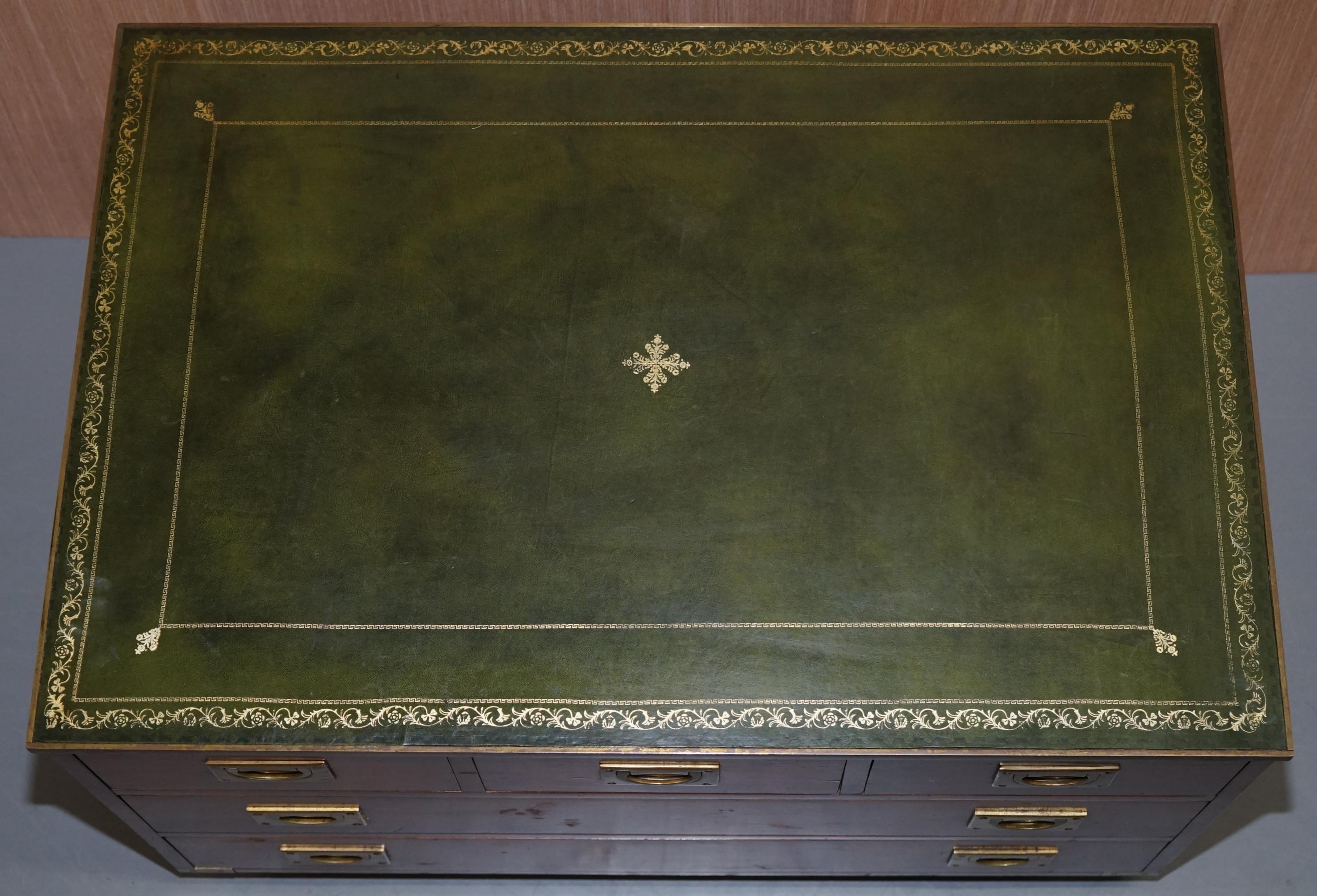 Hand-Crafted Pair of Bevan Funell Mahogany Green Leather Military Campaign Chests of Drawers