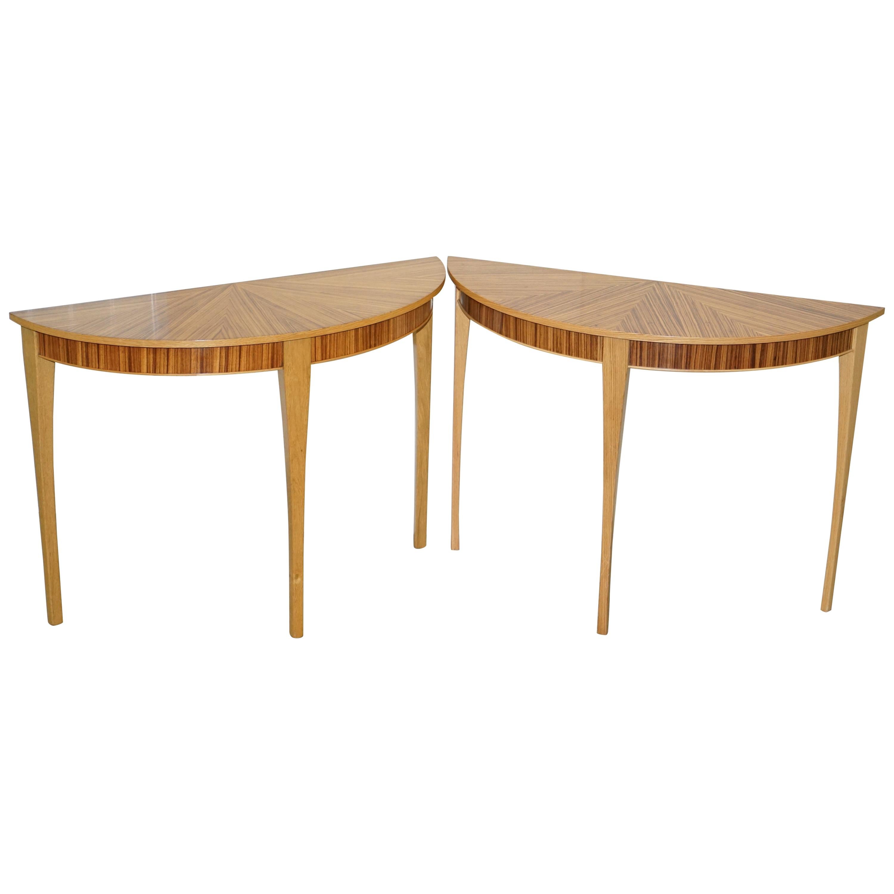 Pair of Bevan Funnell Phoenix Zebrano Wood Demilune Console Tables 2