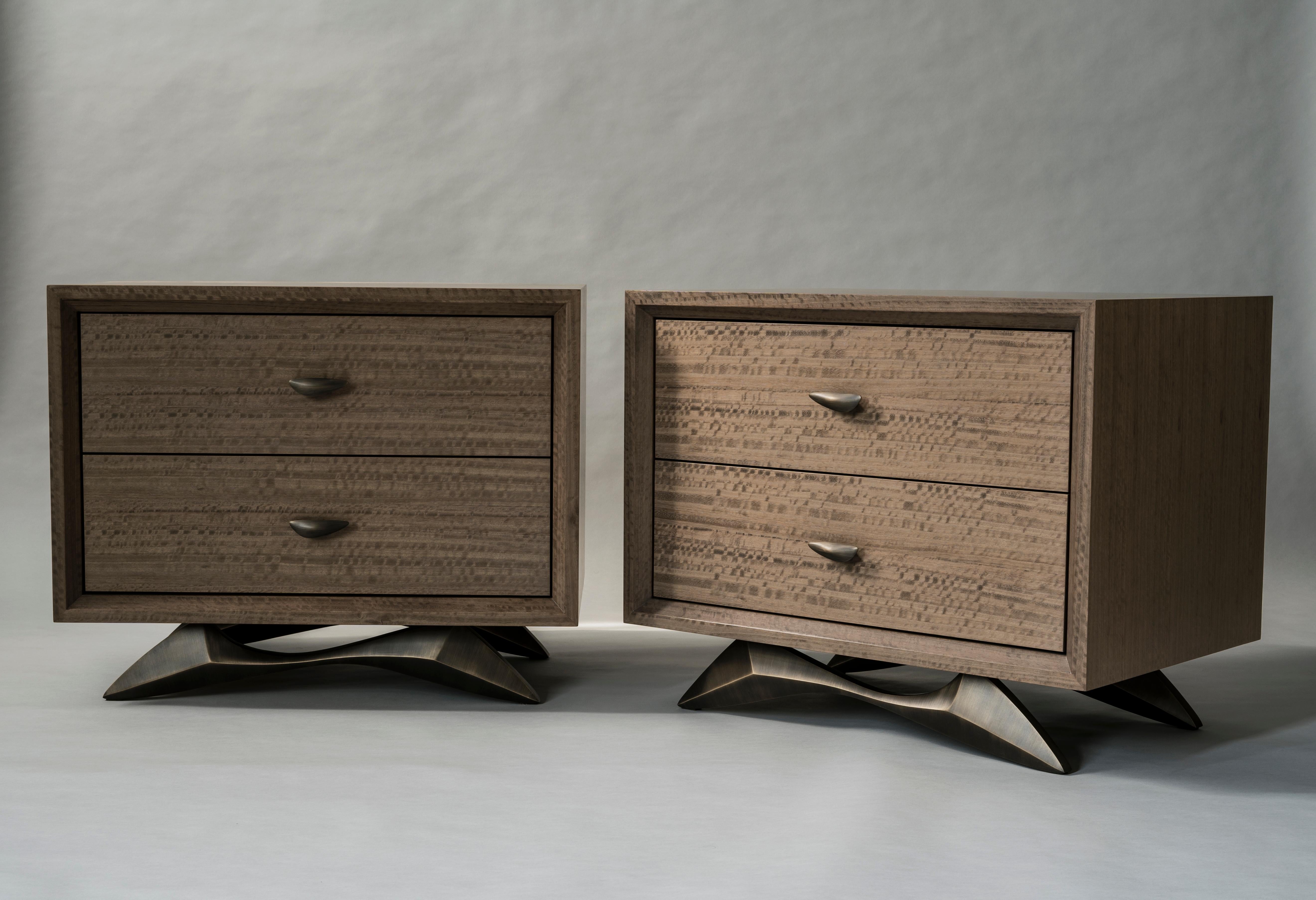 Modern Pair of Bevel Bedside Tables by DeMuro Das with Solid Antique Bronze Base