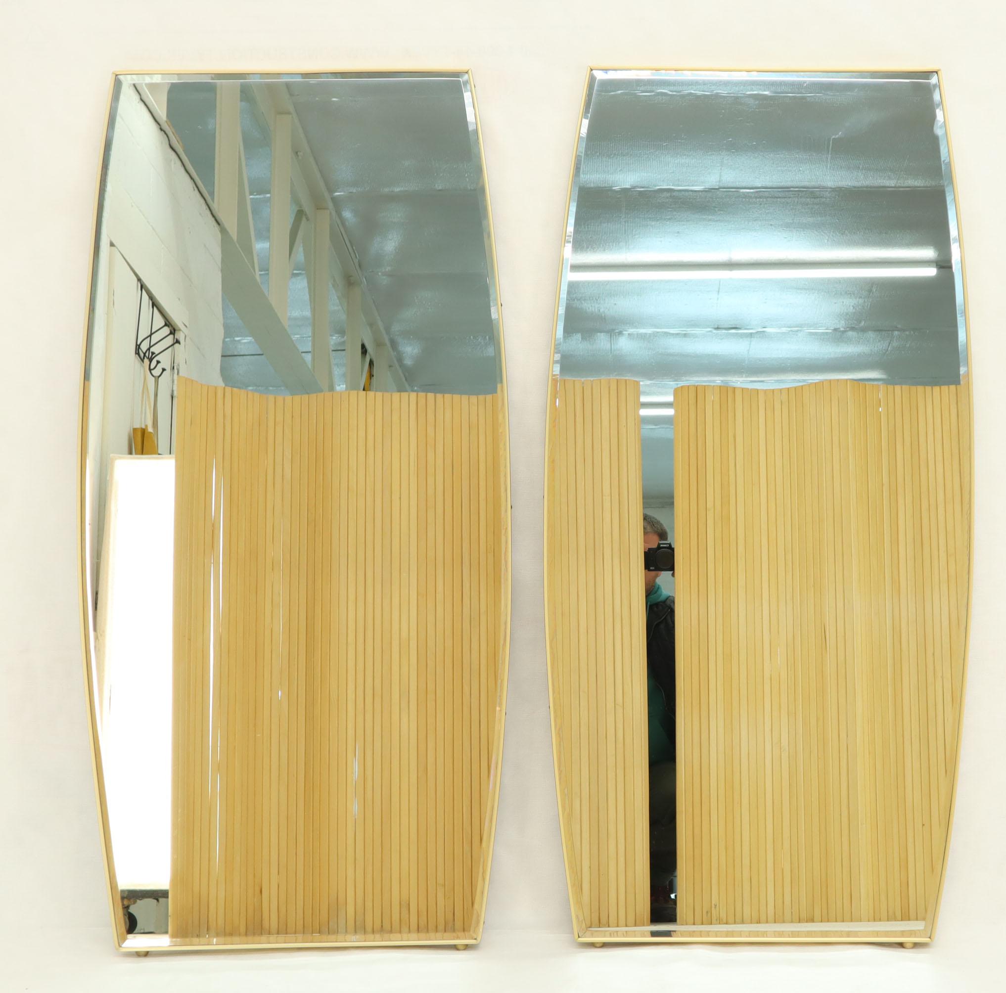 Pair of Beveled  Boat Shape Italian Mid-Century Modern Mirrors Brass Frames In Good Condition In Rockaway, NJ