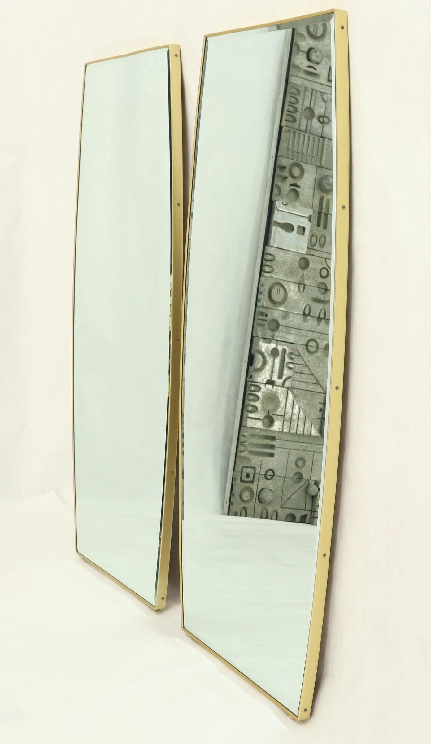 20th Century Pair of Beveled  Boat Shape Italian Mid-Century Modern Mirrors Brass Frames