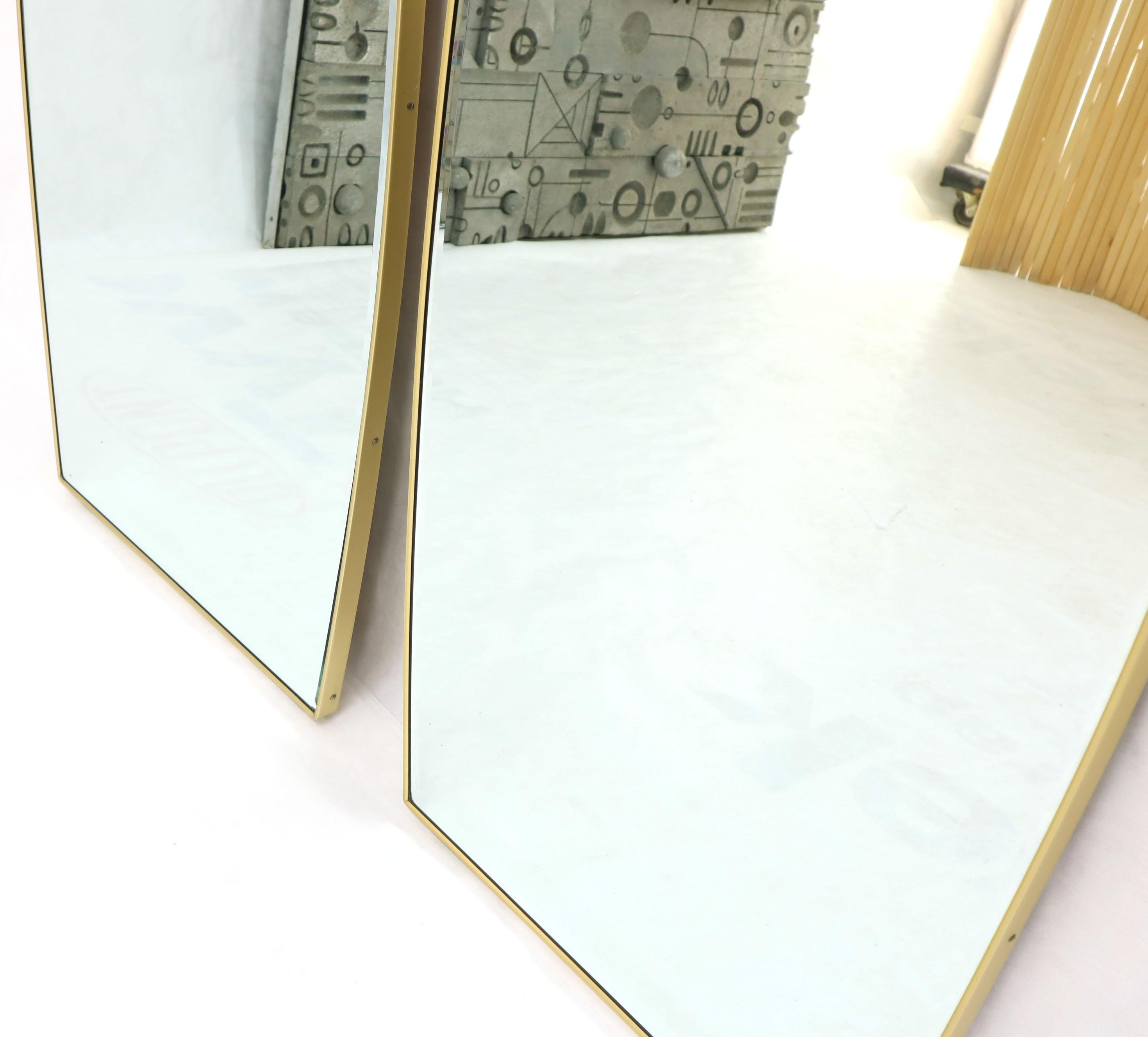 Pair of Beveled  Boat Shape Italian Mid-Century Modern Mirrors Brass Frames 1