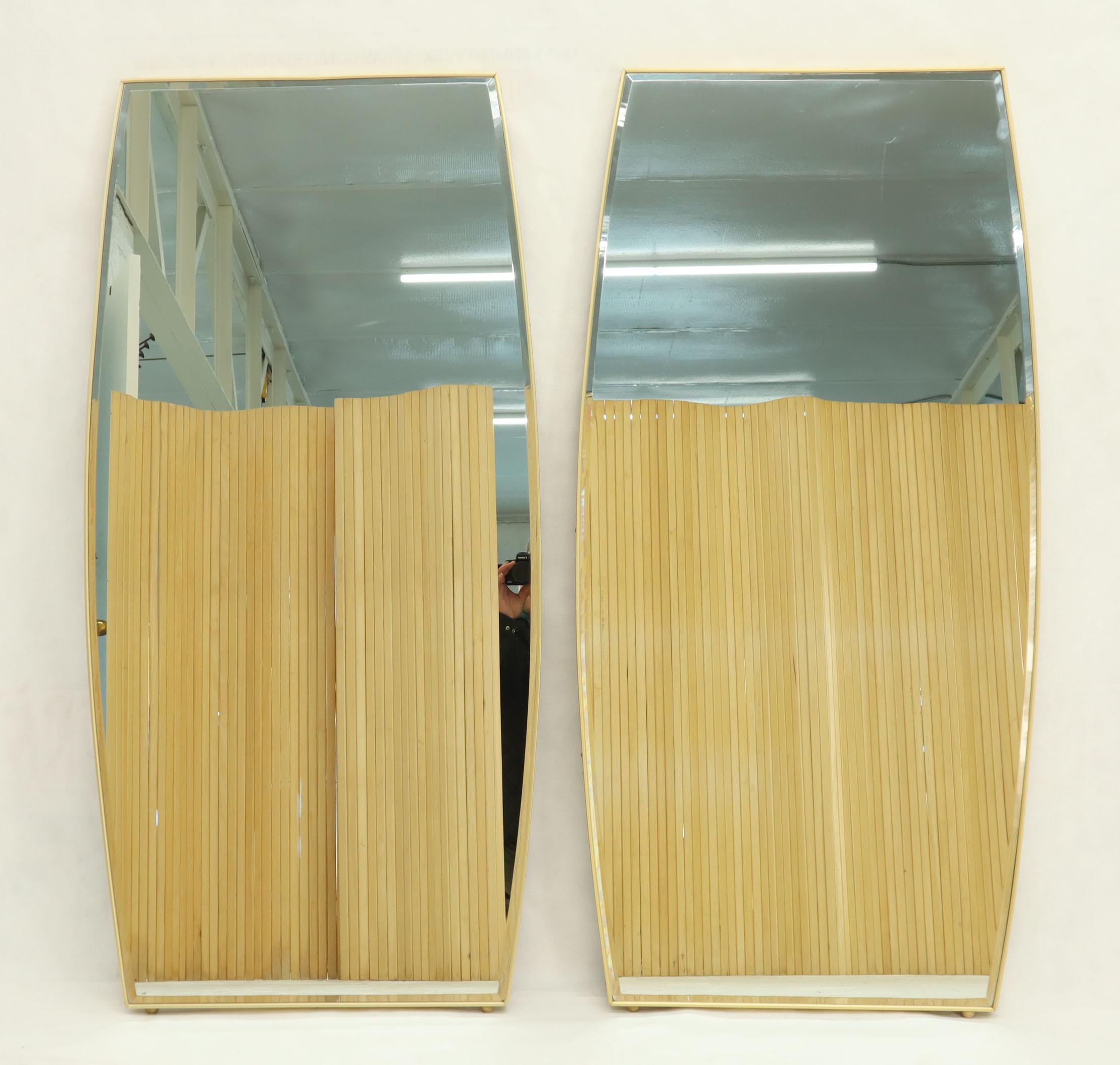 Pair of Beveled  Boat Shape Italian Mid-Century Modern Mirrors Brass Frames 4