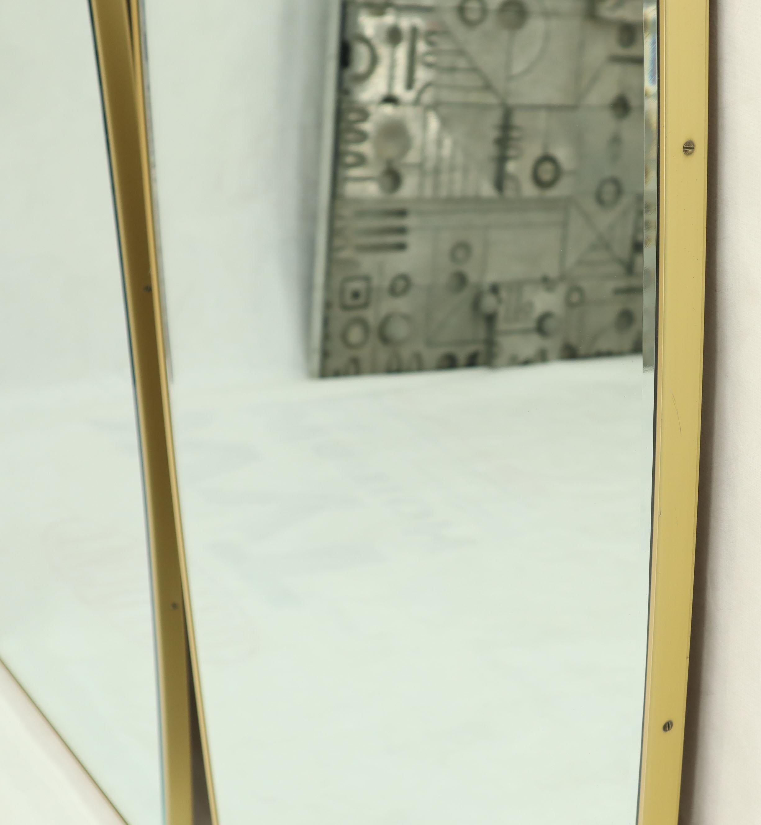 Pair of Beveled  Boat Shape Italian Mid-Century Modern Mirrors Brass Frames 5