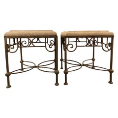 Pair of Beveled Edge Stone and Iron Side Tables