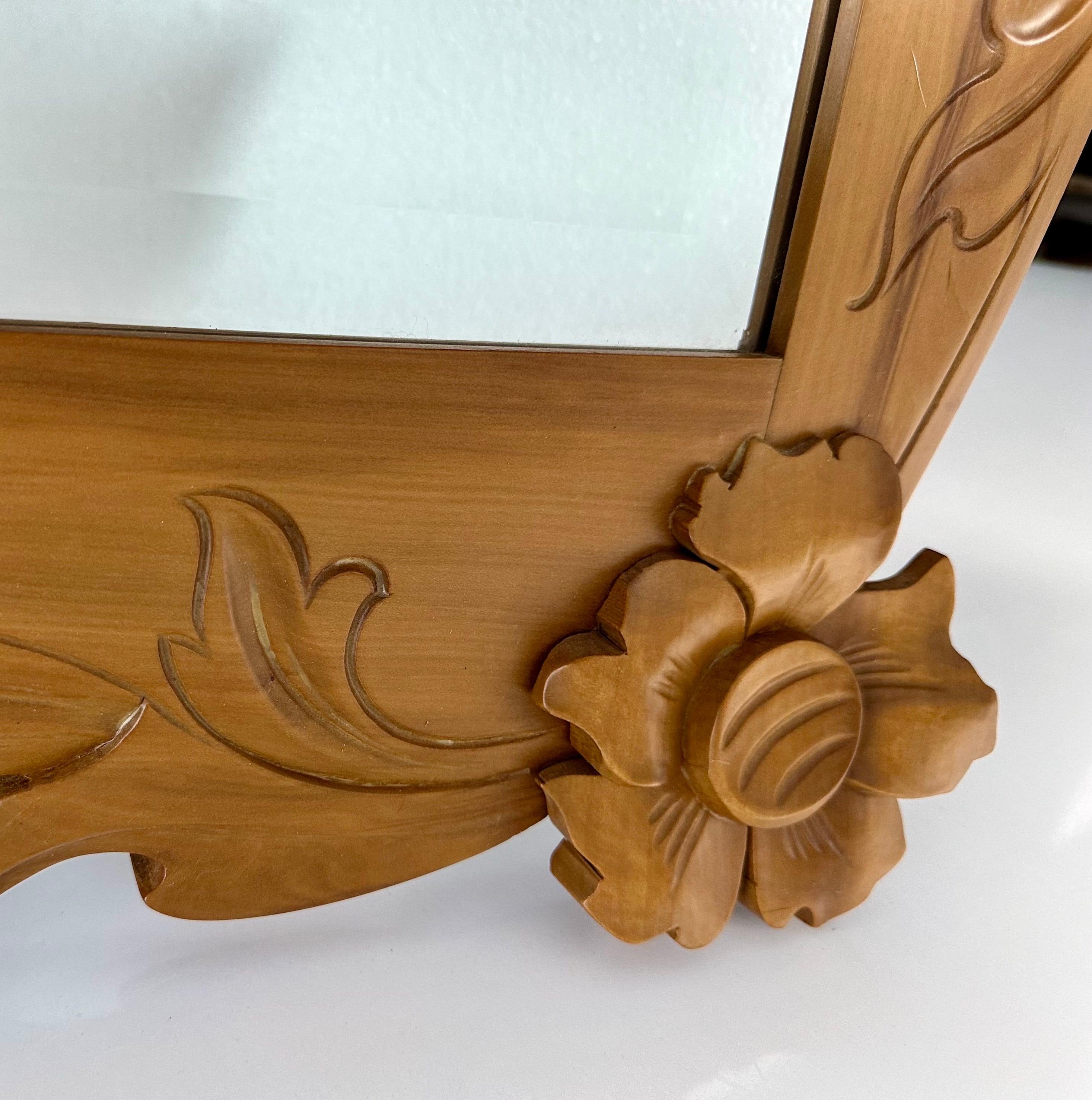 Hand-Carved Pair of Beveled Mirrors with Original Art Nouveau Frame Restored in Mobila Wood For Sale
