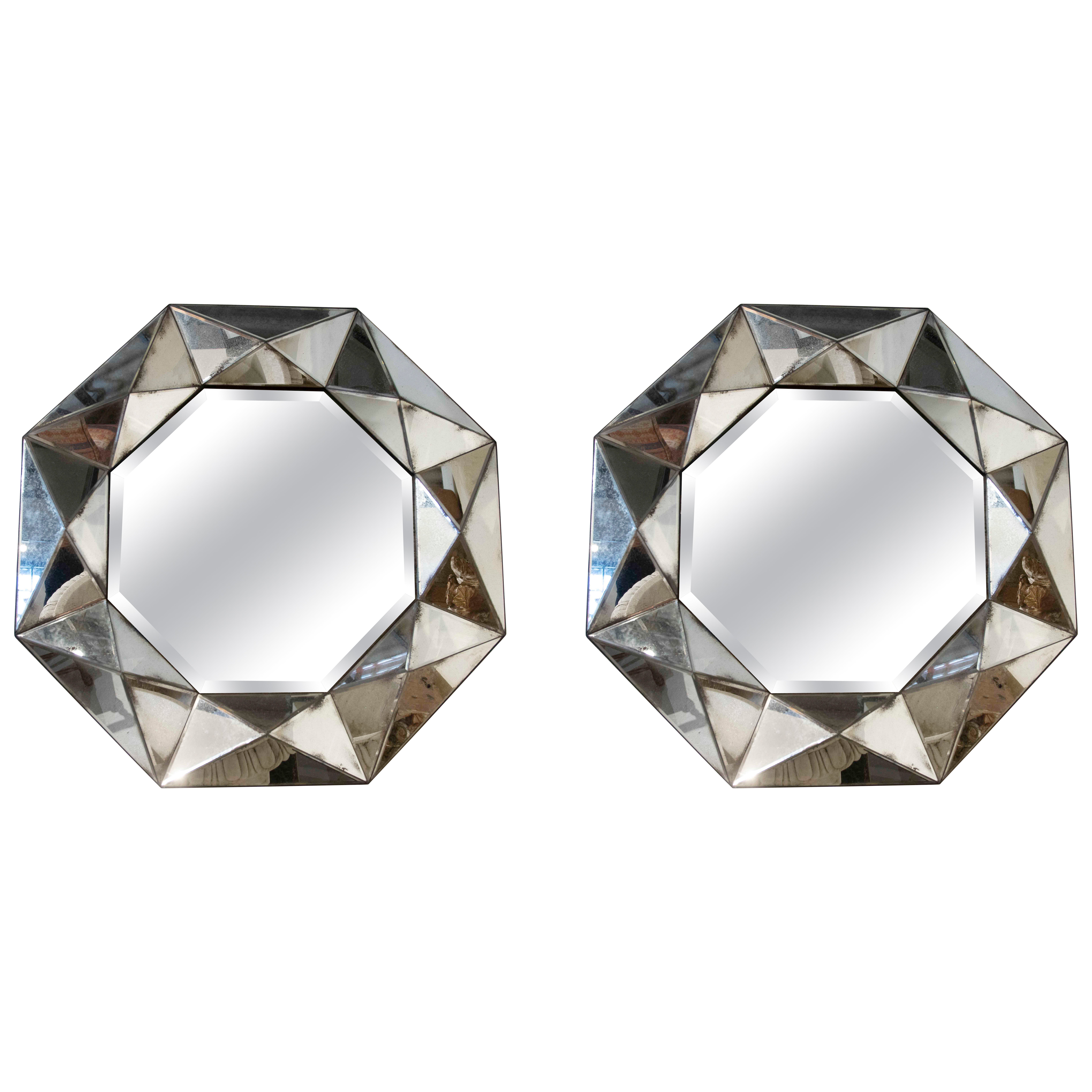Pareja de Espejos Octogonales Biselados con Marco de Cristal Facetado de Estilo Vintage en venta