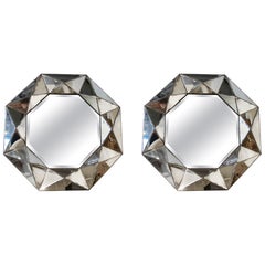 Pair of Beveled Octagonal Mirrors with Faceted Glass Frames in Vintage Style