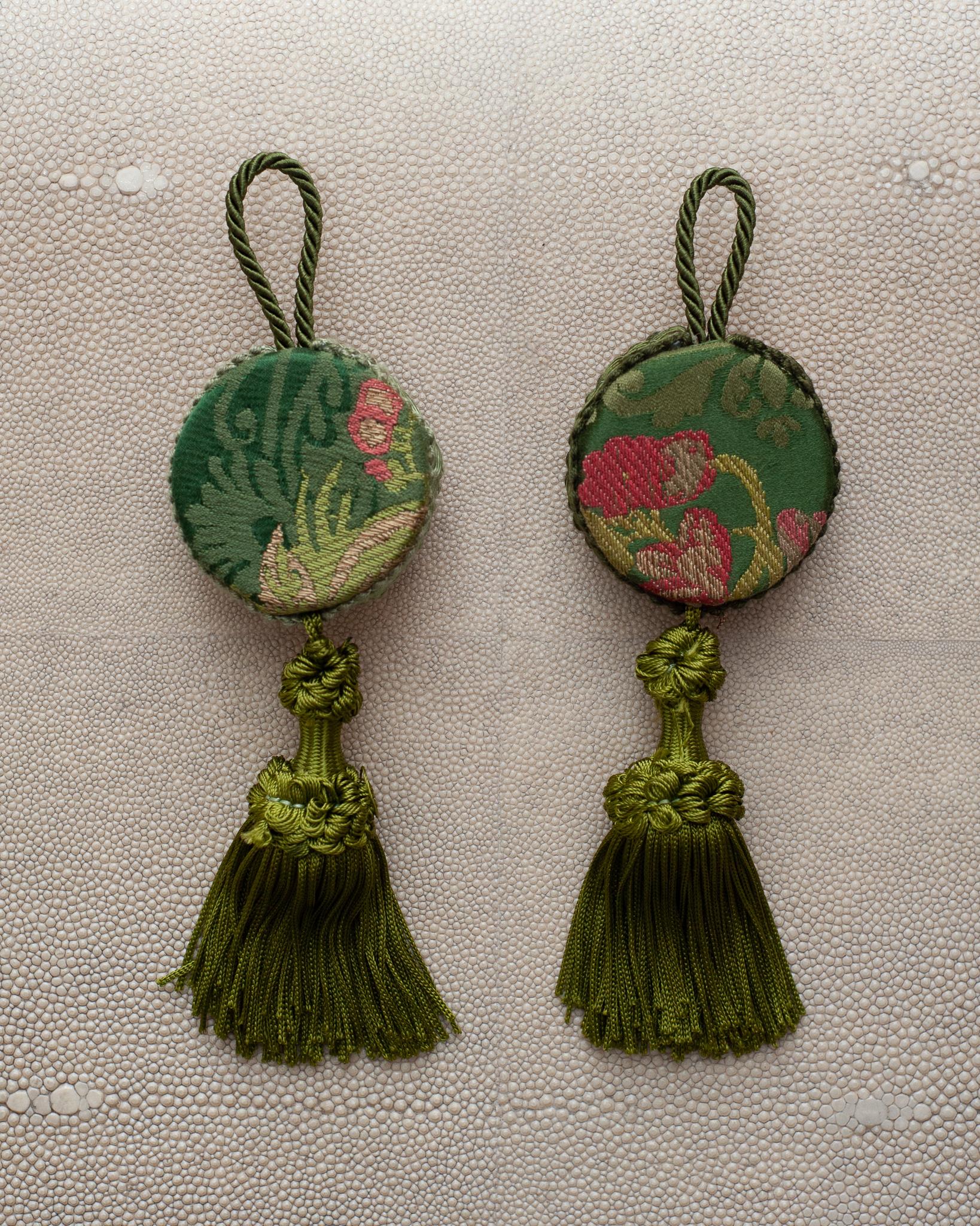 Italian Pair of Bevilacqua Green Silk Fringe & Damask with Murano Glass Curtain Tassels