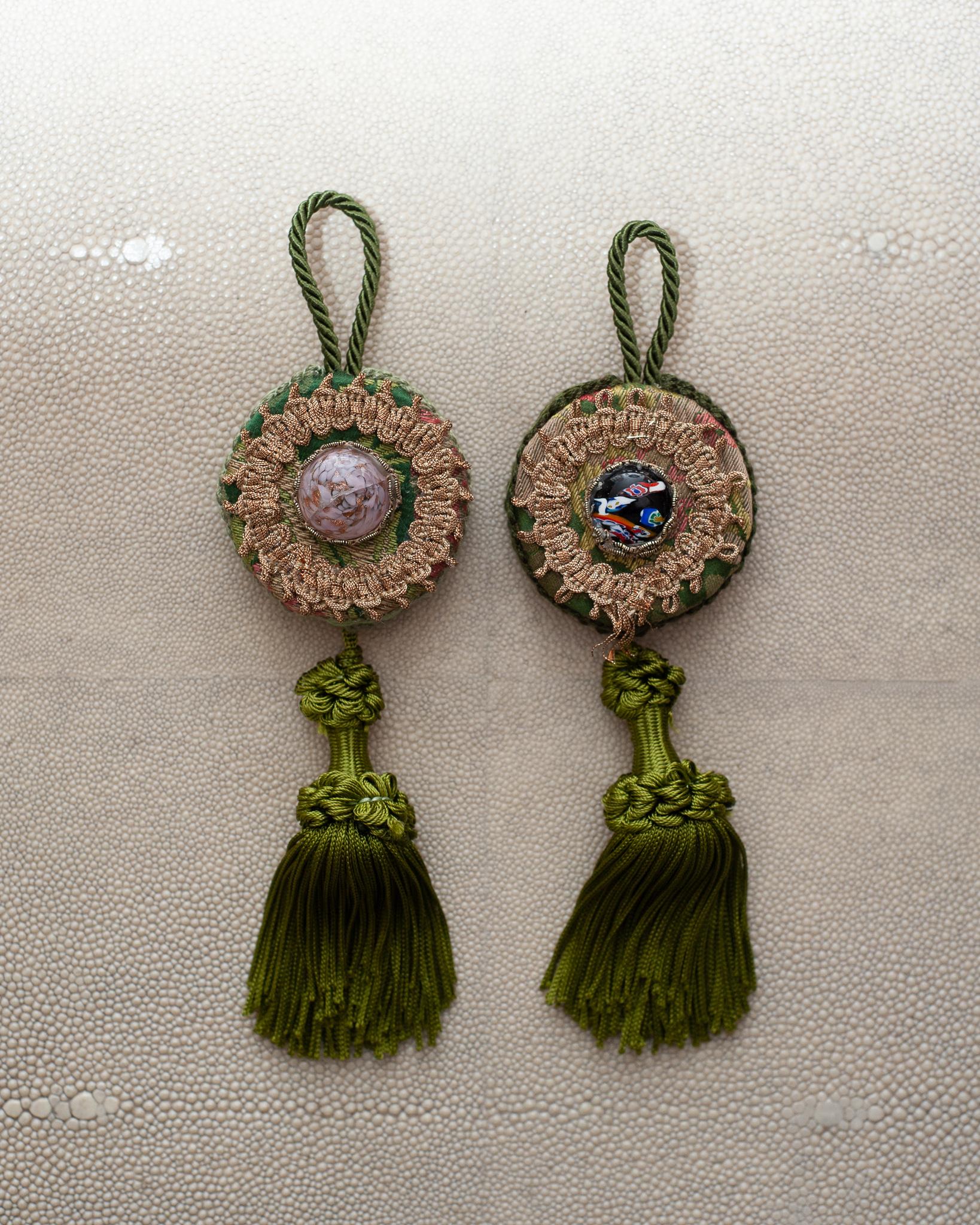 Pair of Bevilacqua Green Silk Fringe & Damask with Murano Glass Curtain Tassels In New Condition In Toronto, ON
