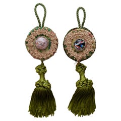 Pair of Bevilacqua Green Silk Fringe & Damask with Murano Glass Curtain Tassels