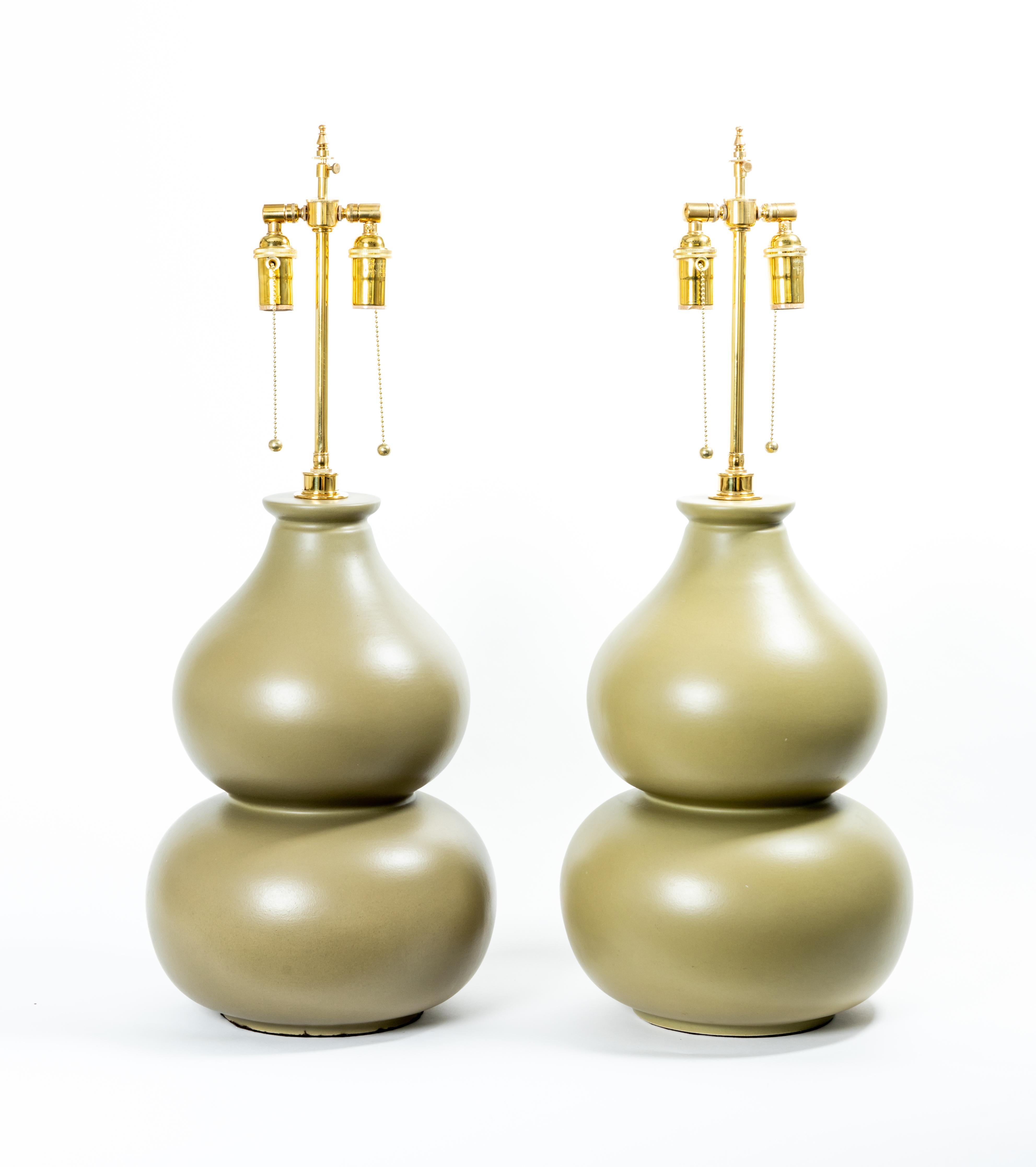 American Pair of Gourd Form Grey Ceramic Table Lamps For Sale